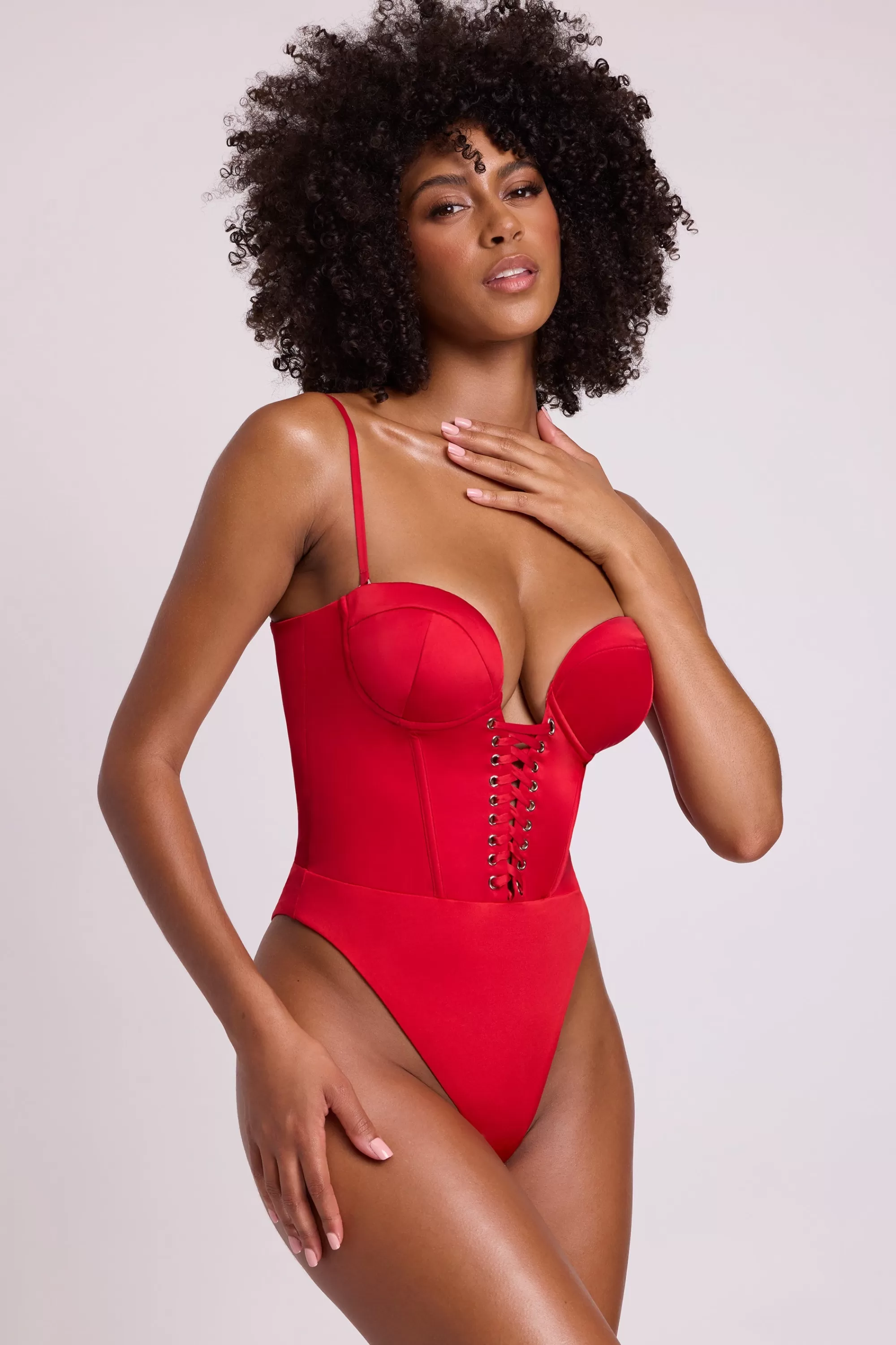 Oh Polly Satin Plunge Neck Lace Up Corset Bodysuit in Fire Red FireRed Discount