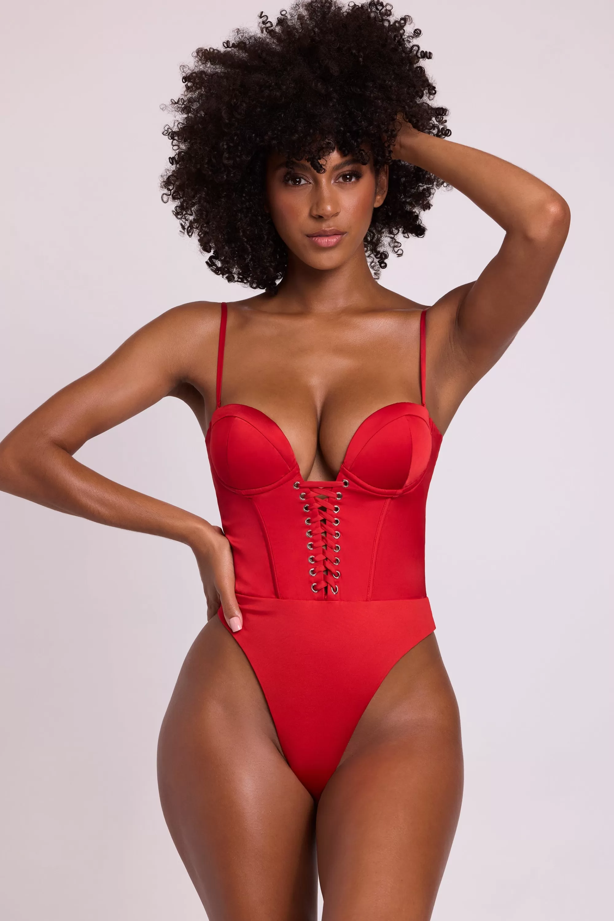 Oh Polly Satin Plunge Neck Lace Up Corset Bodysuit in Fire Red FireRed Discount
