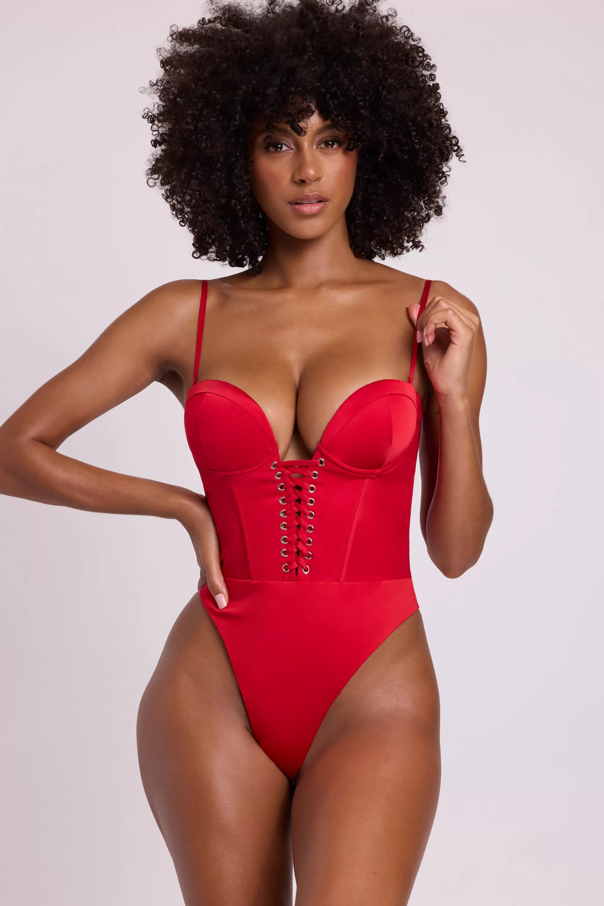 Oh Polly Satin Plunge Neck Lace Up Corset Bodysuit in Fire Red FireRed Discount