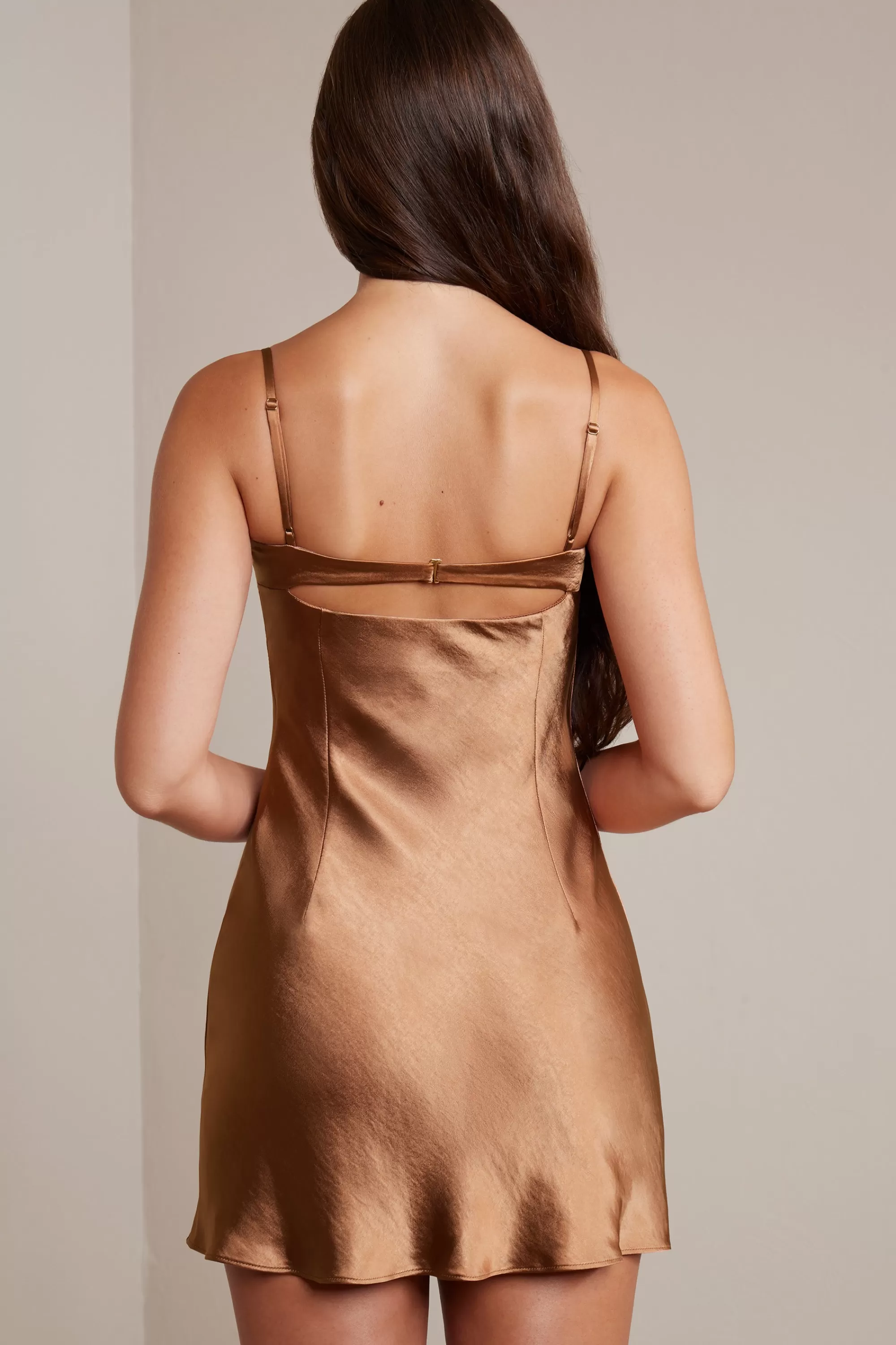 Oh Polly Satin Soft Cup A-Line Mini Dress in Mocha Cheap