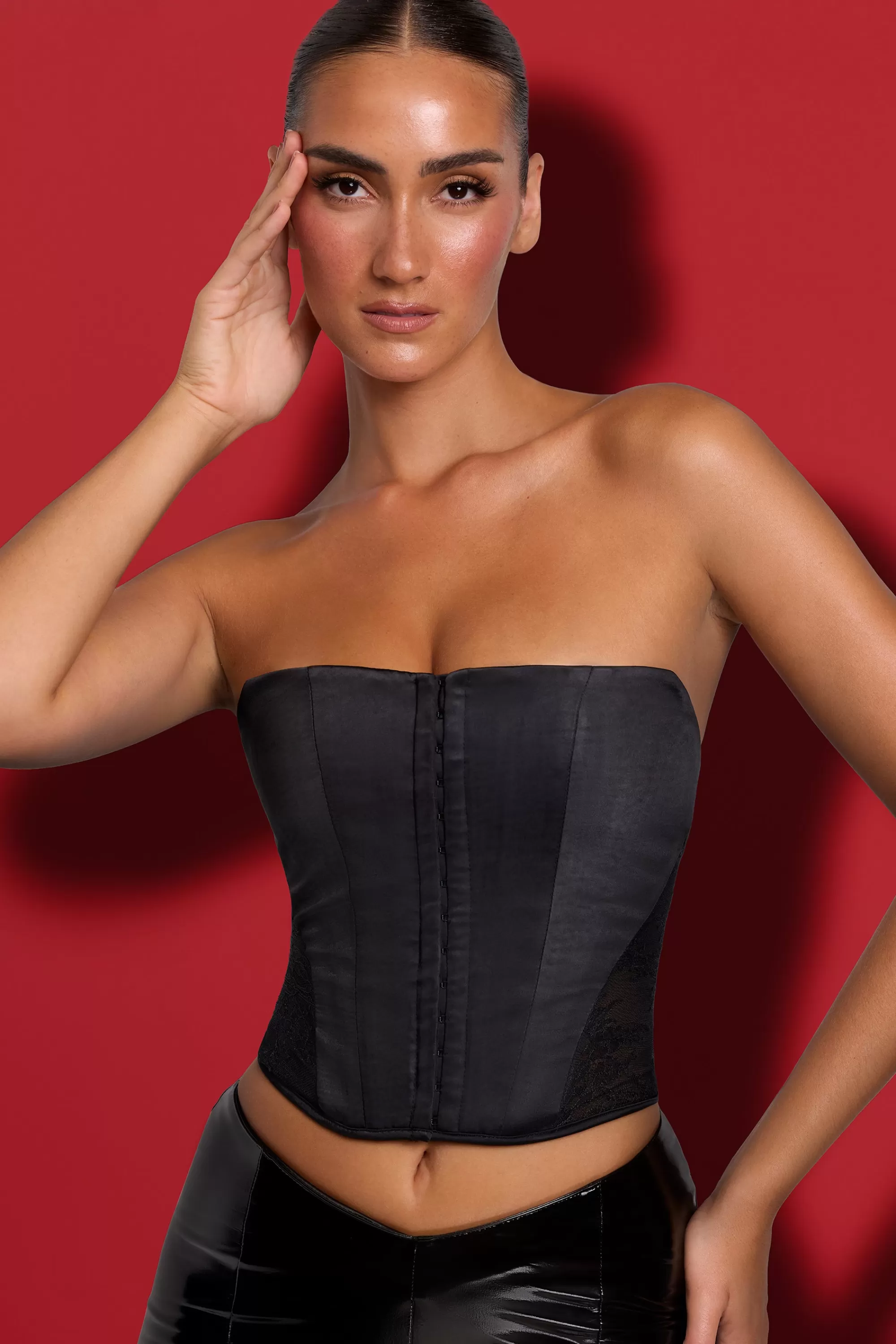 Oh Polly Satin Strapless Corset in Black Fashion