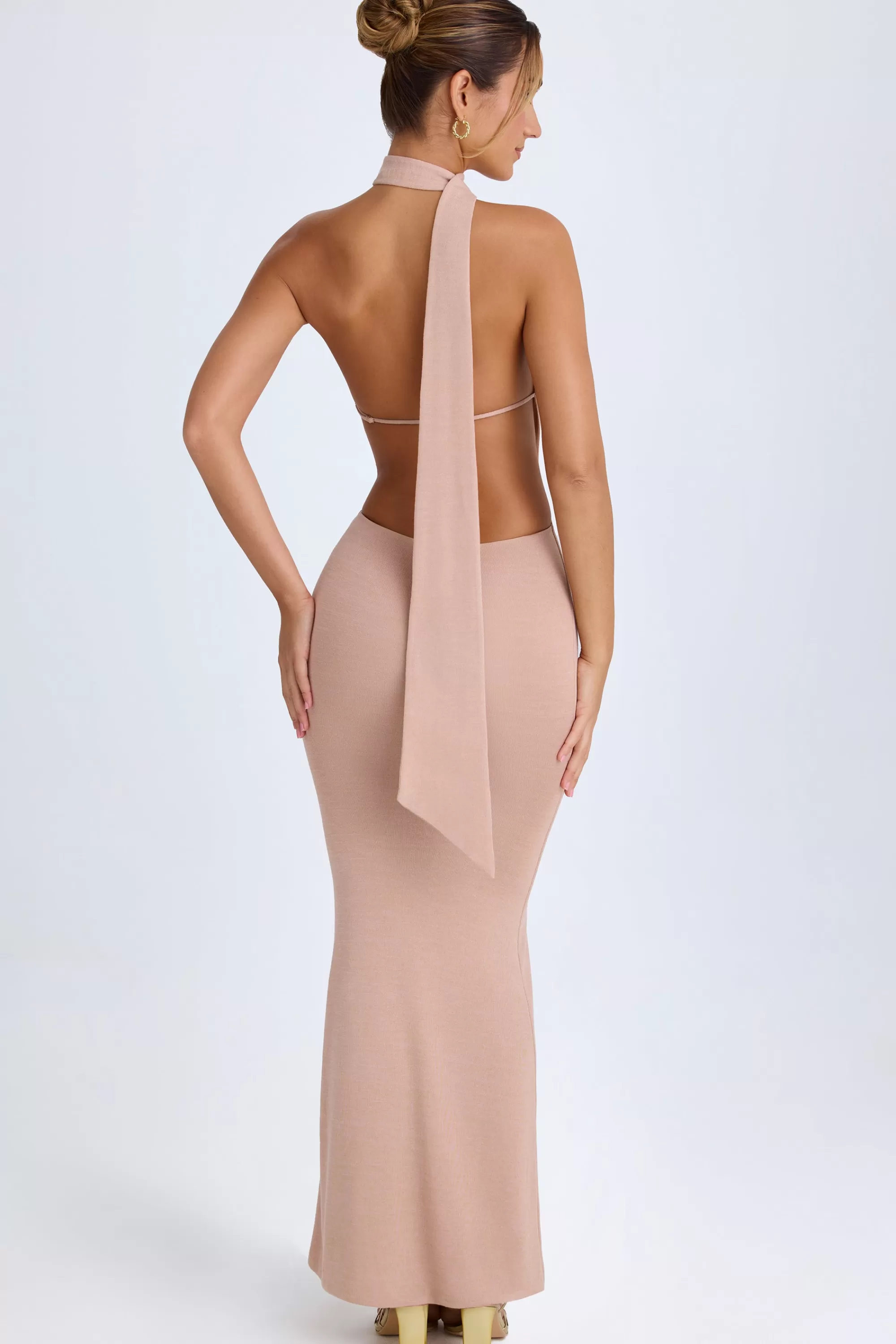 Oh Polly Scarf-Detail Cut-Out Halterneck Maxi Dress in Warm Peach WarmPeach Fashion