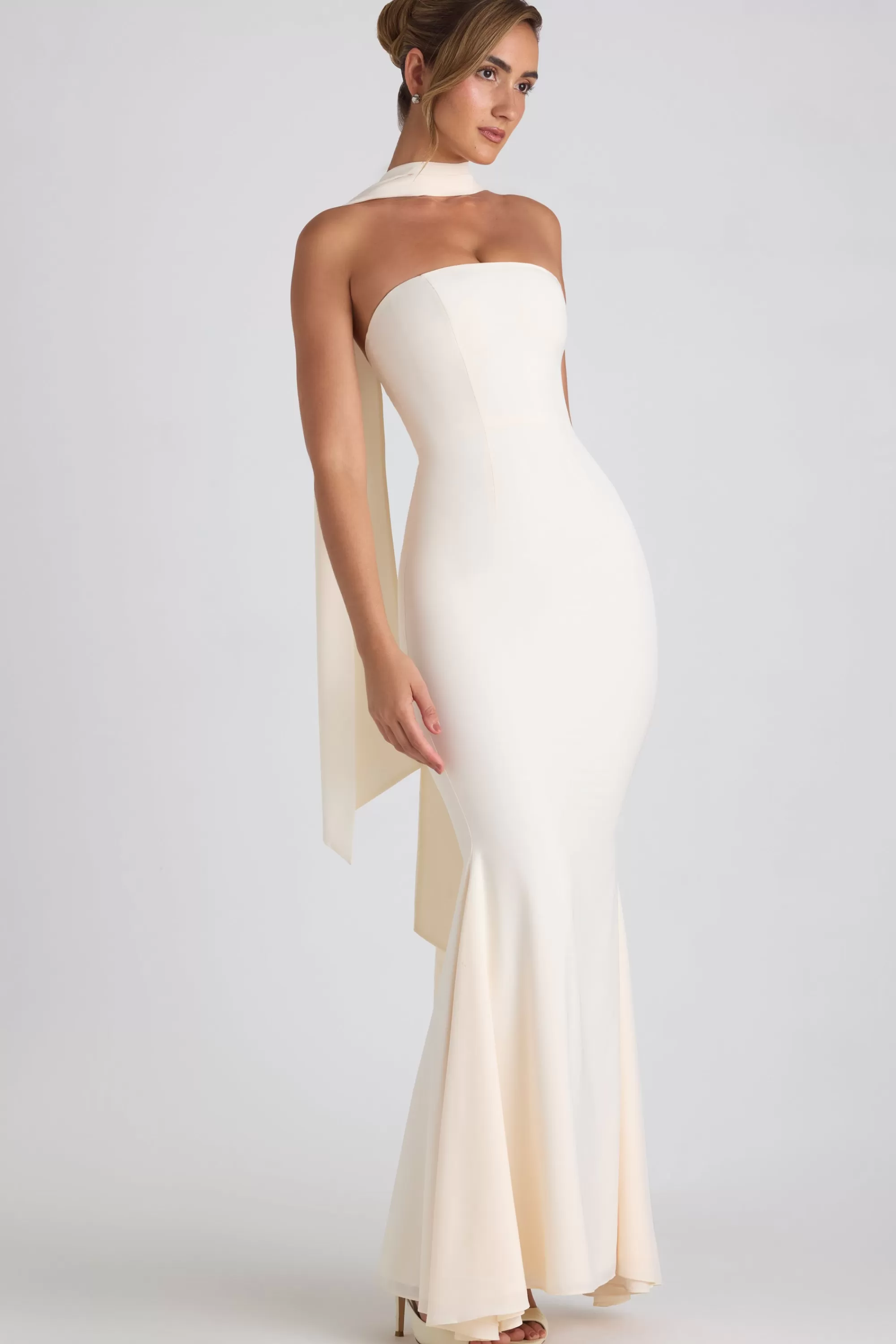 Oh Polly Scarf-Detail Strapless Gown in Ivory Clearance