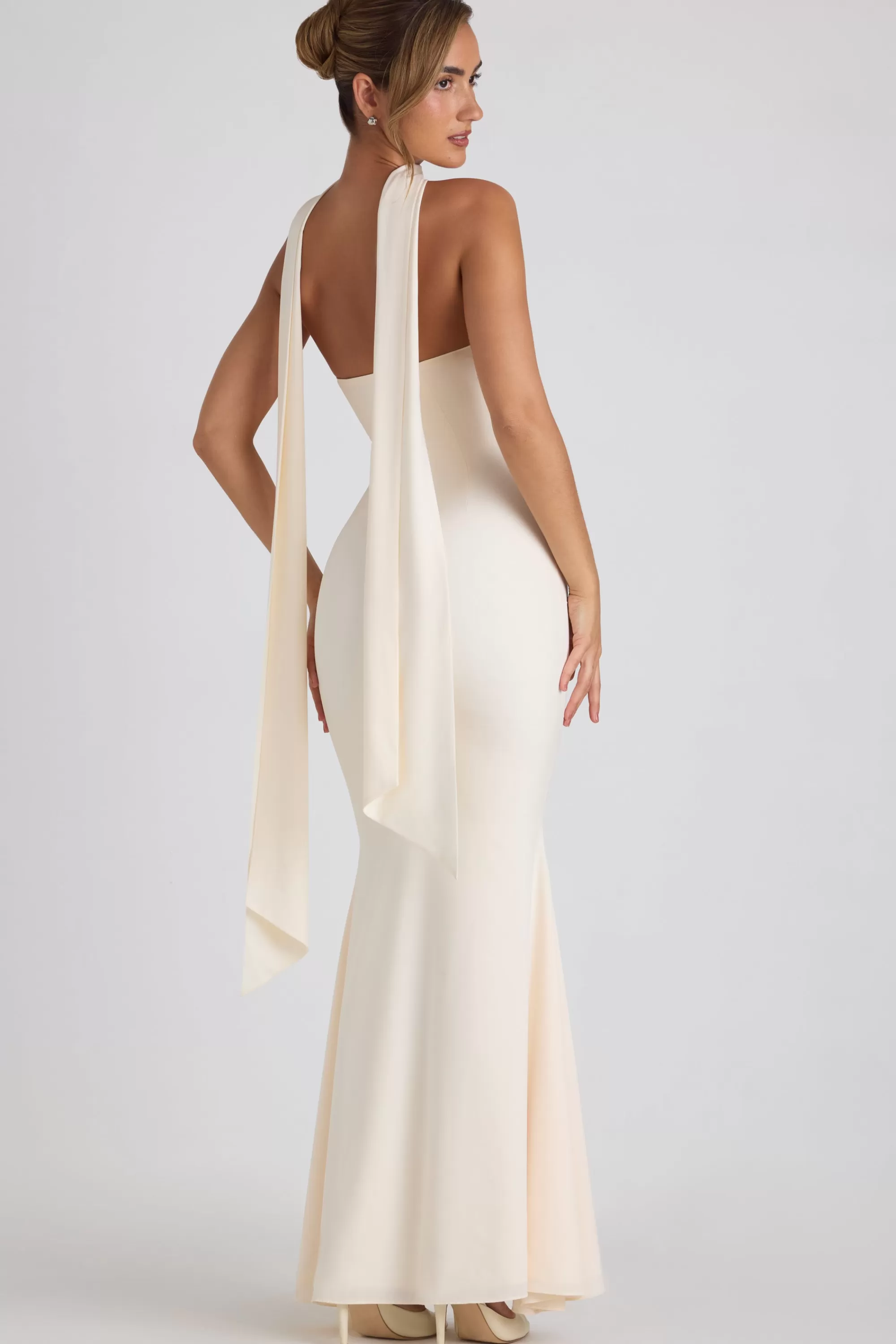 Oh Polly Scarf-Detail Strapless Gown in Ivory Clearance