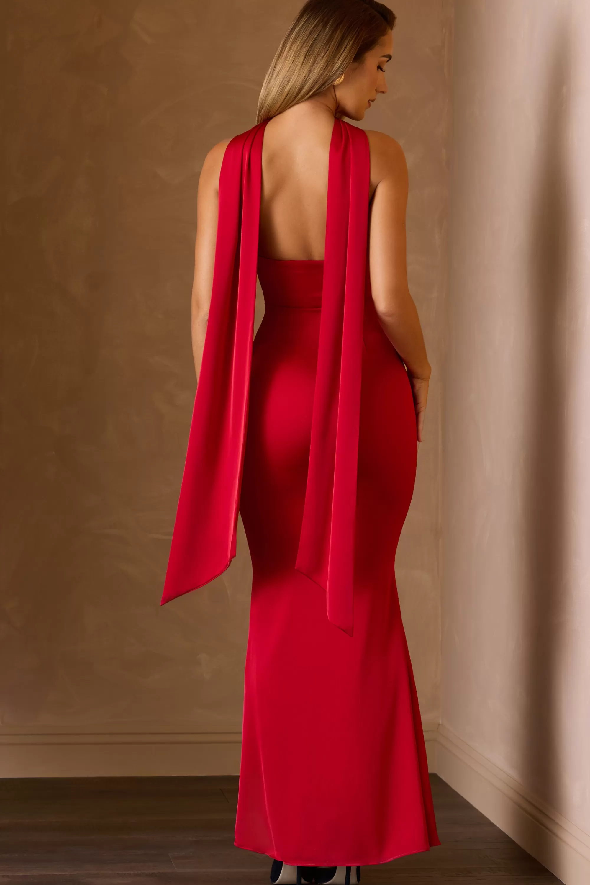 Oh Polly Scarf-Detail Strapless Gown in Scarlet Red ScarletRed Shop