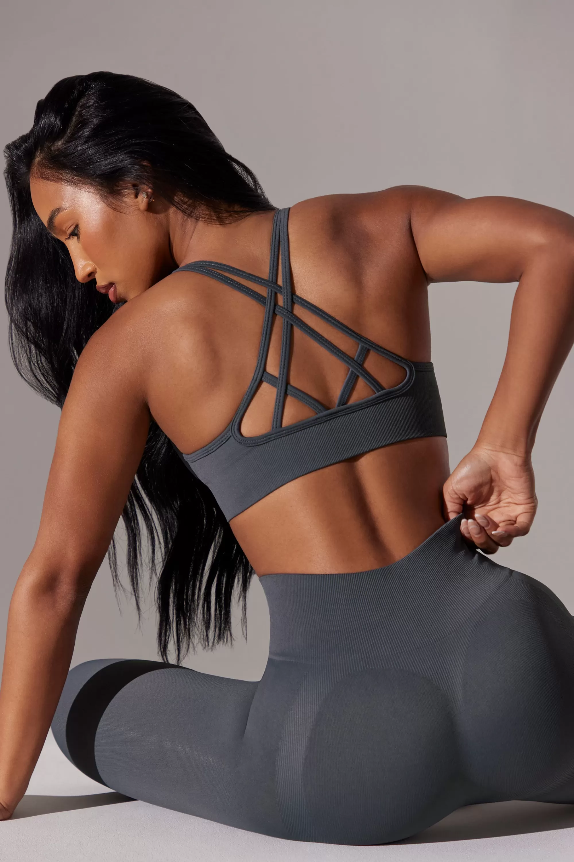 Oh Polly Scoop Neck Multi Strap Sports Bra in Grey Clearance