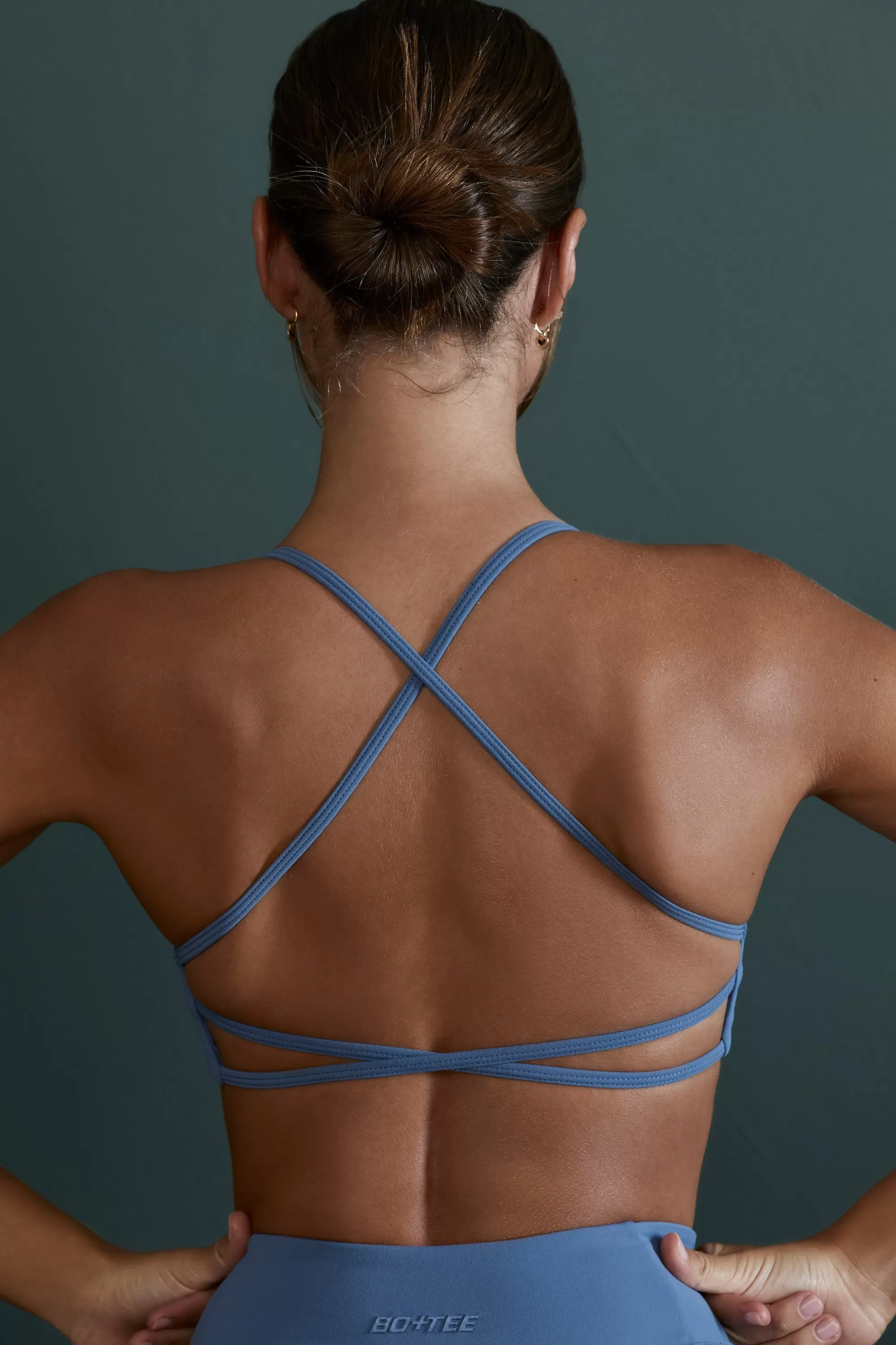 Oh Polly Scoop Neck Open Back Sports Bra in Blue Discount