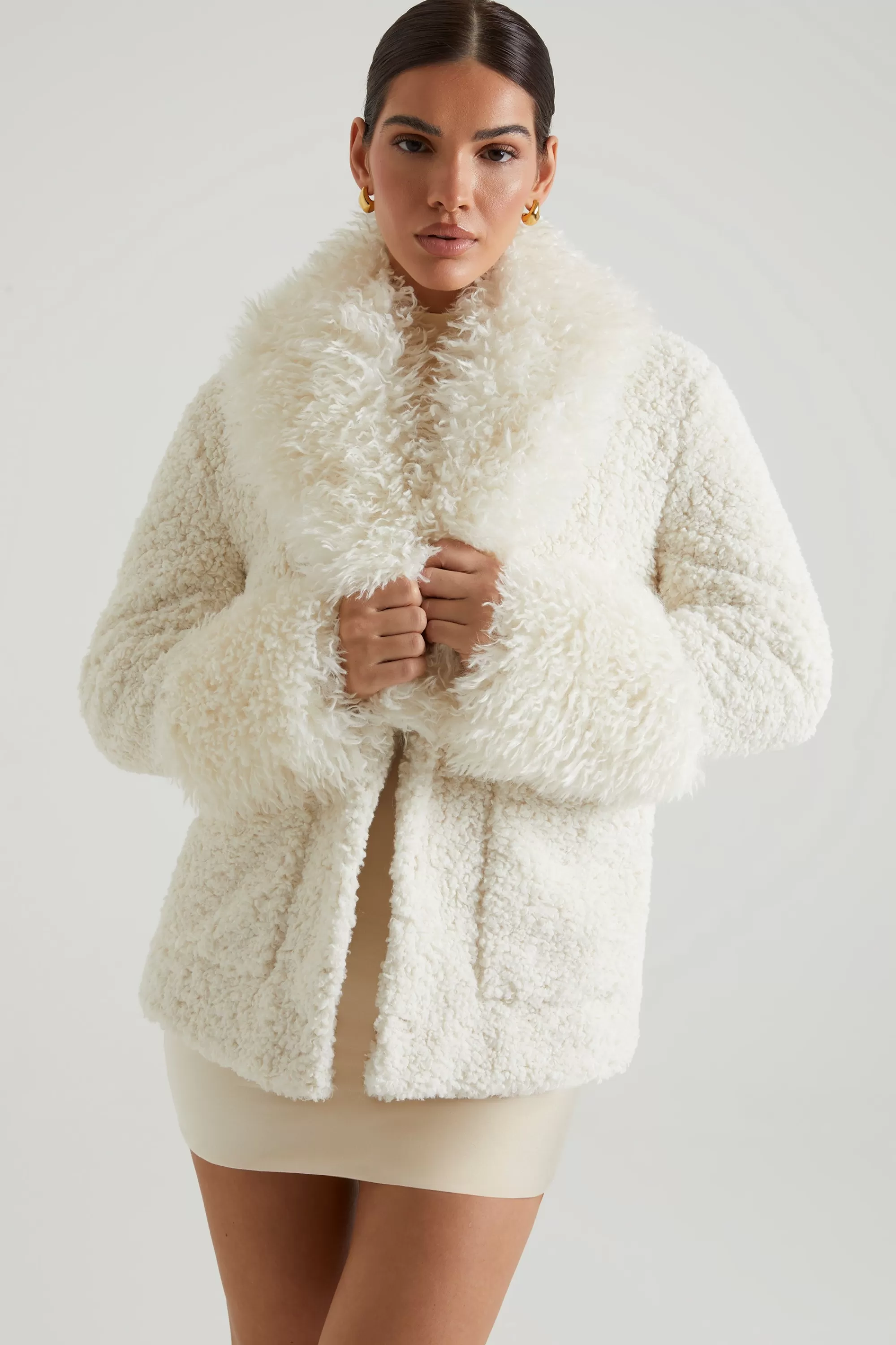 Oh Polly Shearling Coat with Large Front Pockets in Cream Store