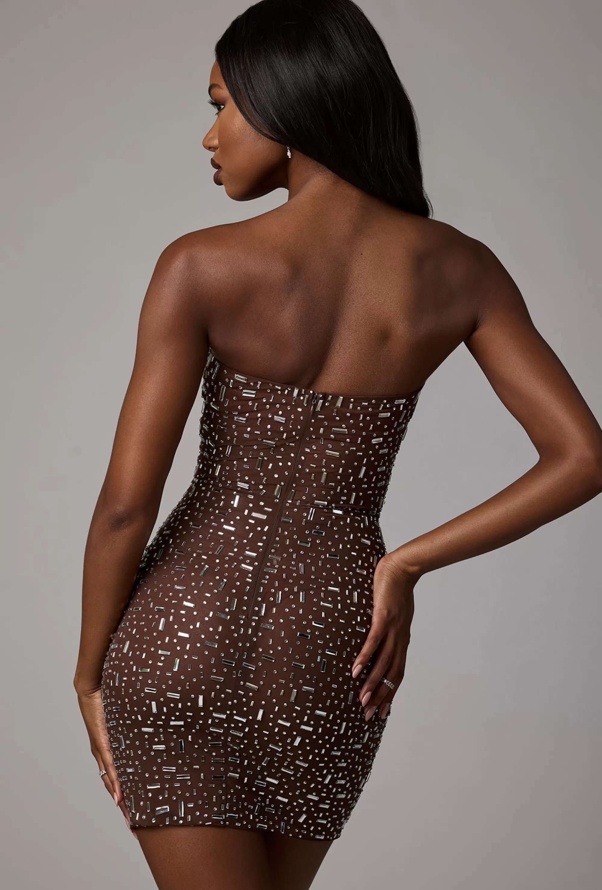 Oh Polly Sheer Embellished Bodycon Mini Dress in Deep Cocoa DeepCocoa Fashion