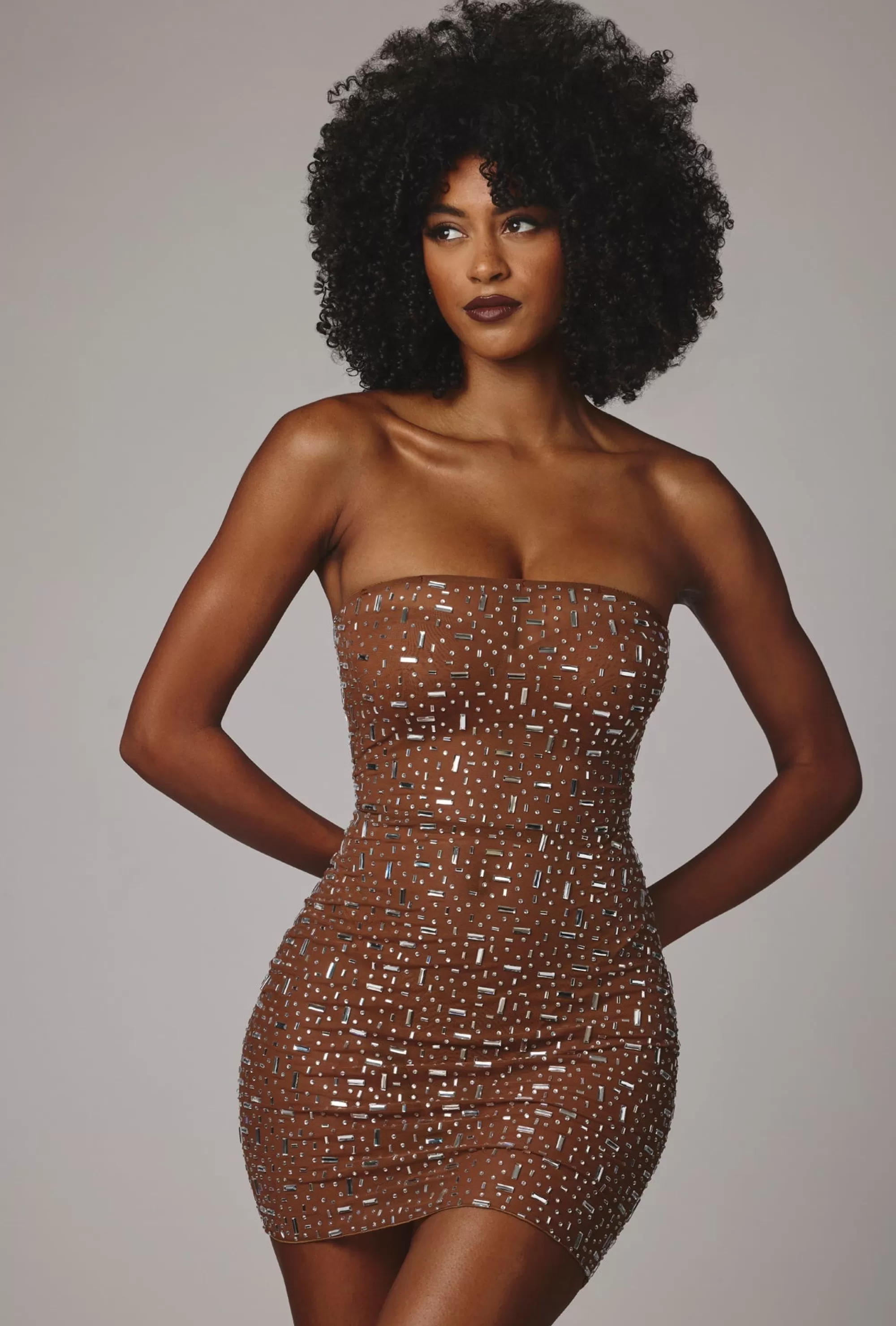 Oh Polly Sheer Embellished Bodycon Mini Dress in Mocha Flash Sale