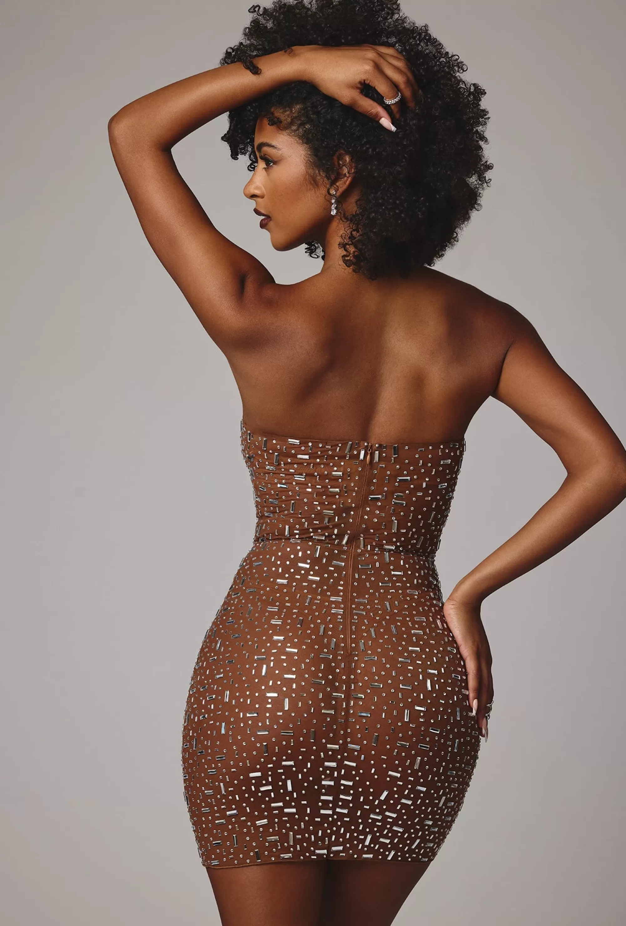 Oh Polly Sheer Embellished Bodycon Mini Dress in Mocha Flash Sale