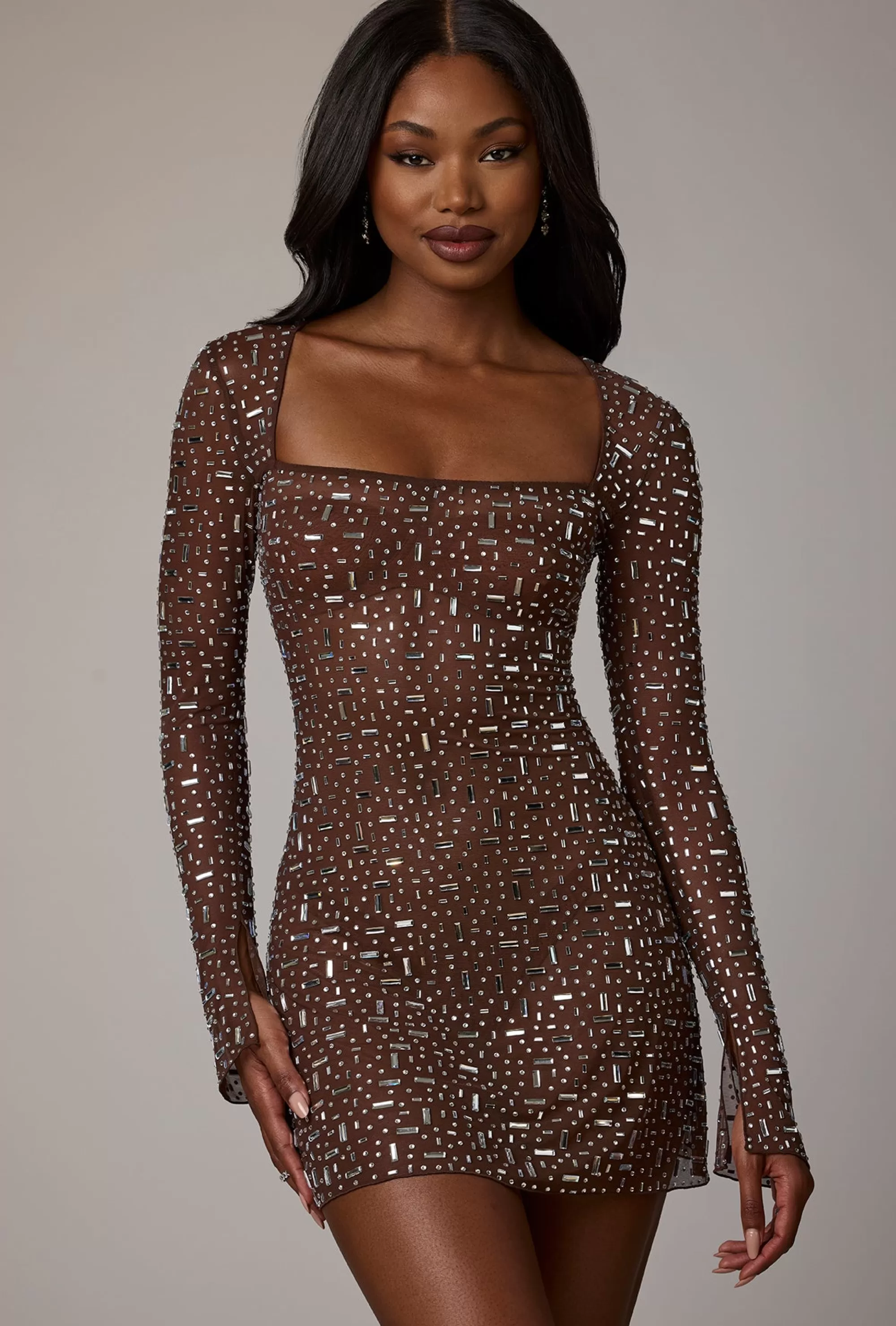 Oh Polly Sheer Embellished Long Sleeve A-Line Mini Dress in Deep Cocoa DeepCocoa Sale