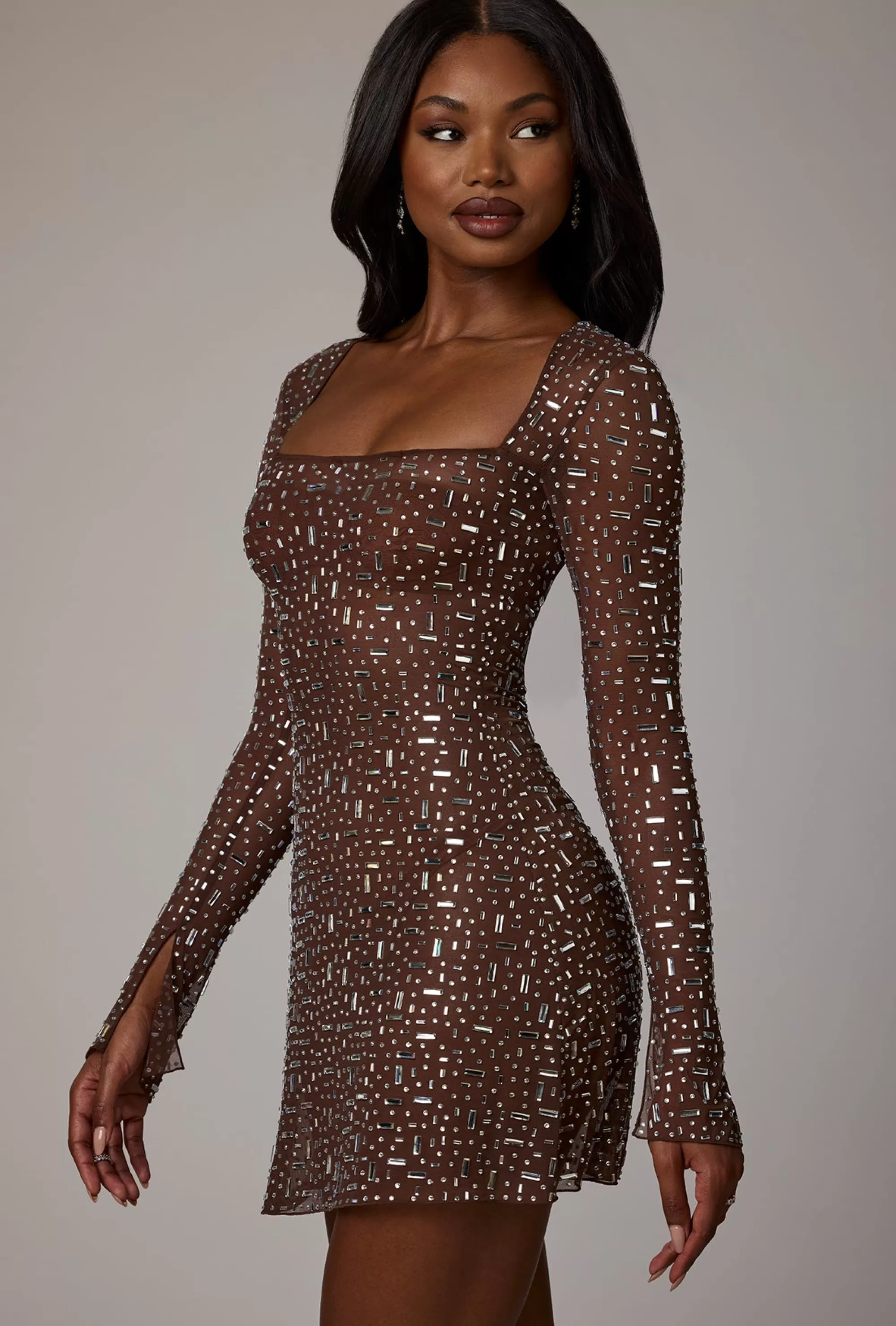 Oh Polly Sheer Embellished Long Sleeve A-Line Mini Dress in Deep Cocoa DeepCocoa Sale