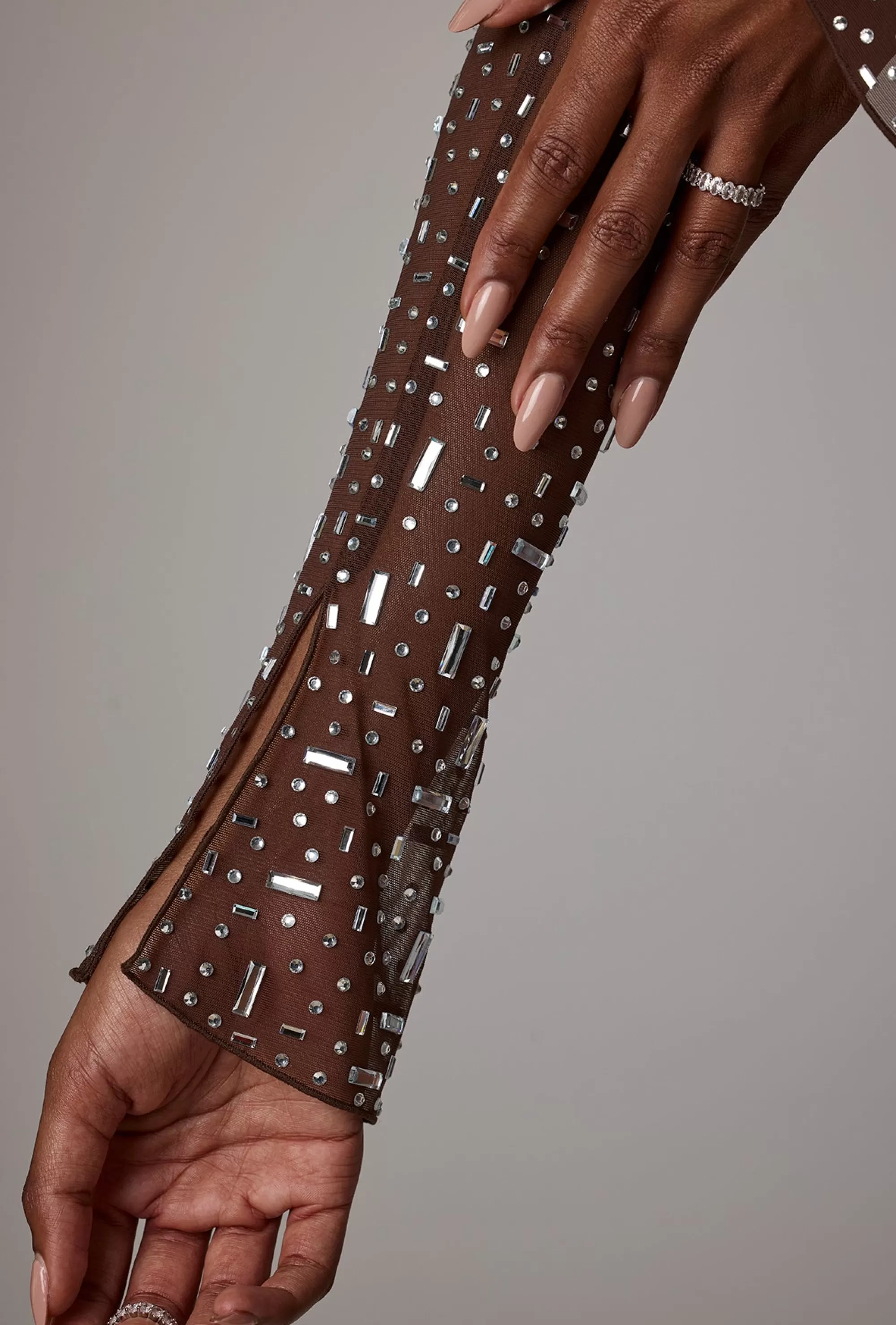 Oh Polly Sheer Embellished Long Sleeve A-Line Mini Dress in Deep Cocoa DeepCocoa Sale
