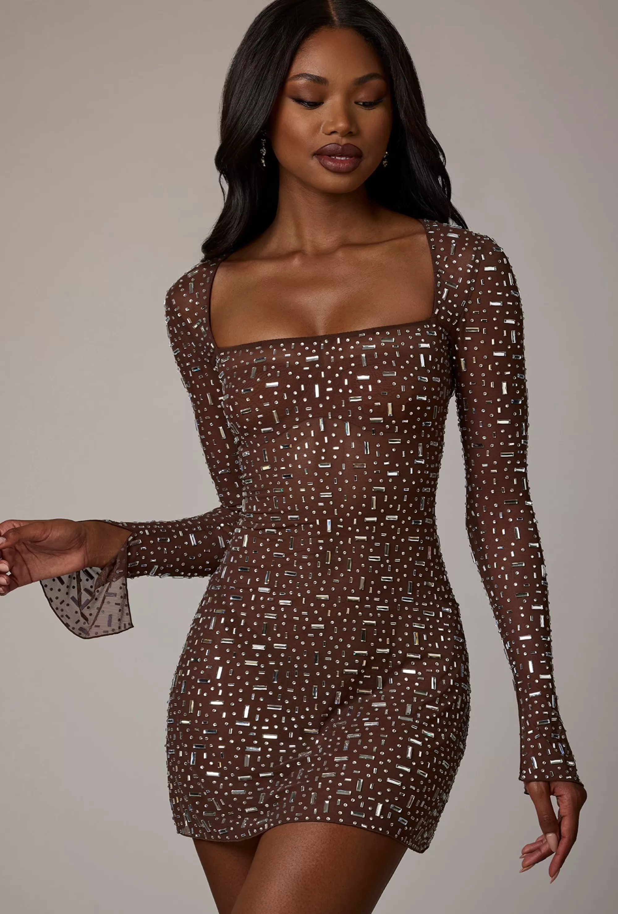 Oh Polly Sheer Embellished Long Sleeve A-Line Mini Dress in Deep Cocoa DeepCocoa Sale
