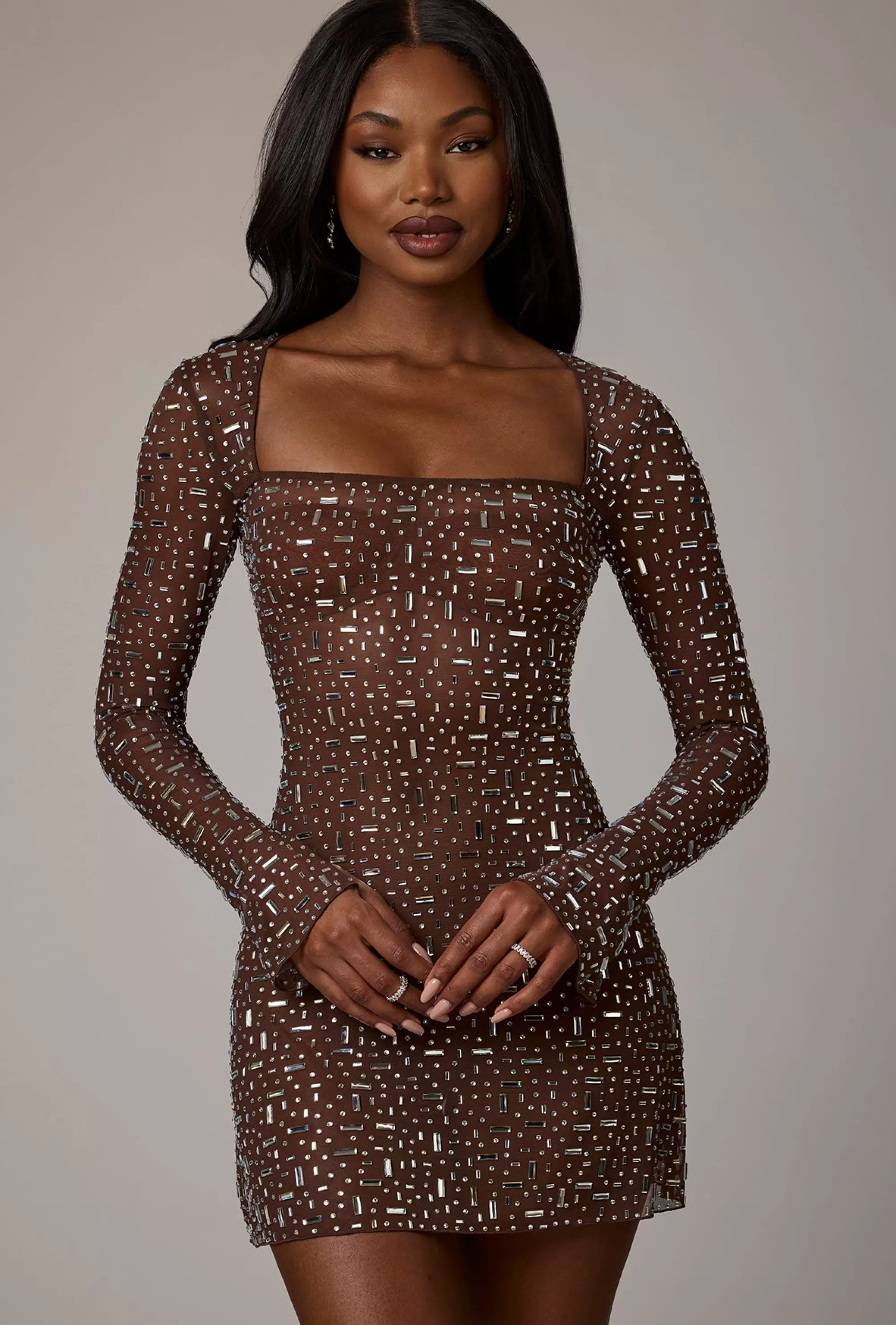 Oh Polly Sheer Embellished Long Sleeve A-Line Mini Dress in Deep Cocoa DeepCocoa Sale