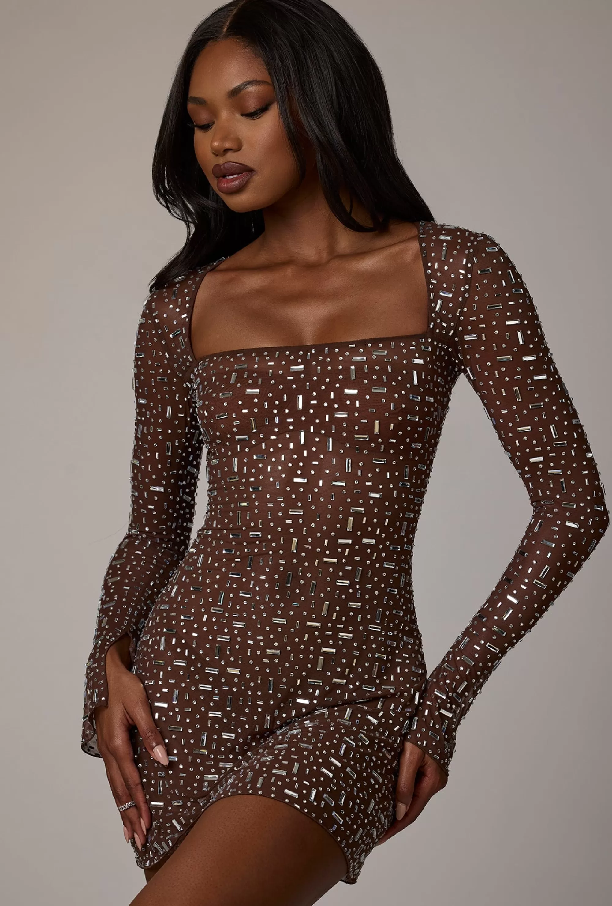 Oh Polly Sheer Embellished Long Sleeve A-Line Mini Dress in Deep Cocoa DeepCocoa Sale