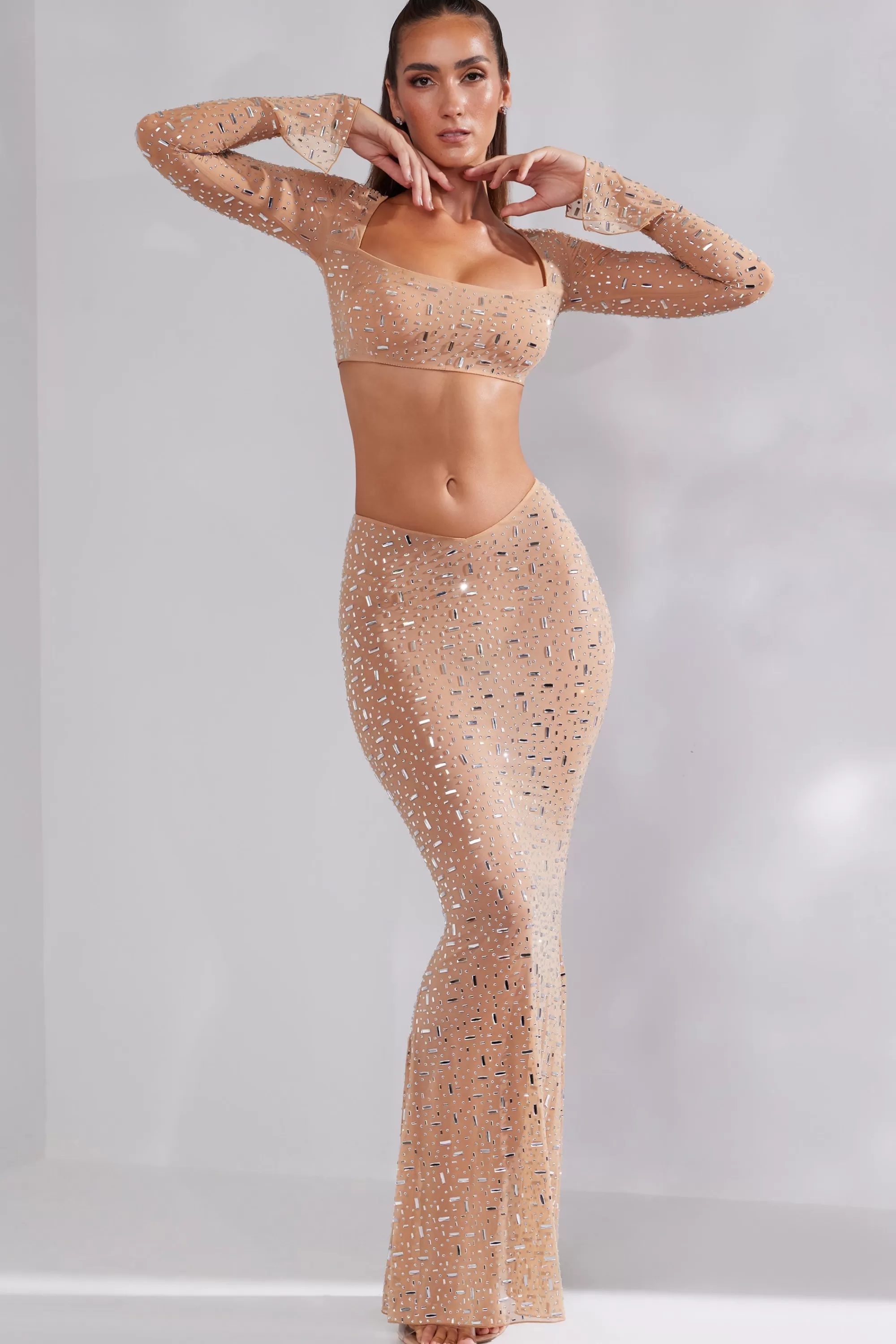 Oh Polly Sheer Embellished Long Sleeve Square Neck Crop Top in Almond Online