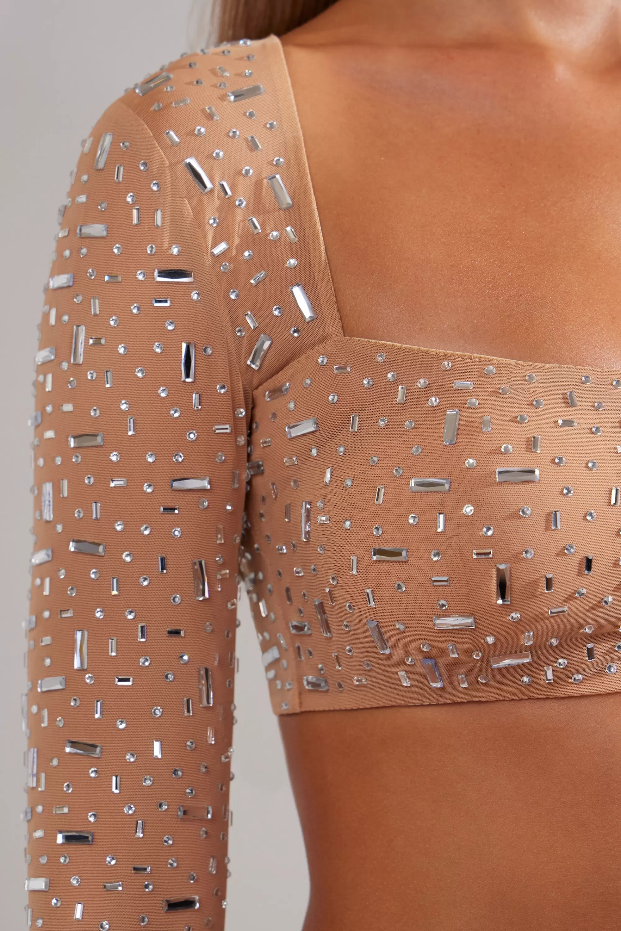 Oh Polly Sheer Embellished Long Sleeve Square Neck Crop Top in Almond Online