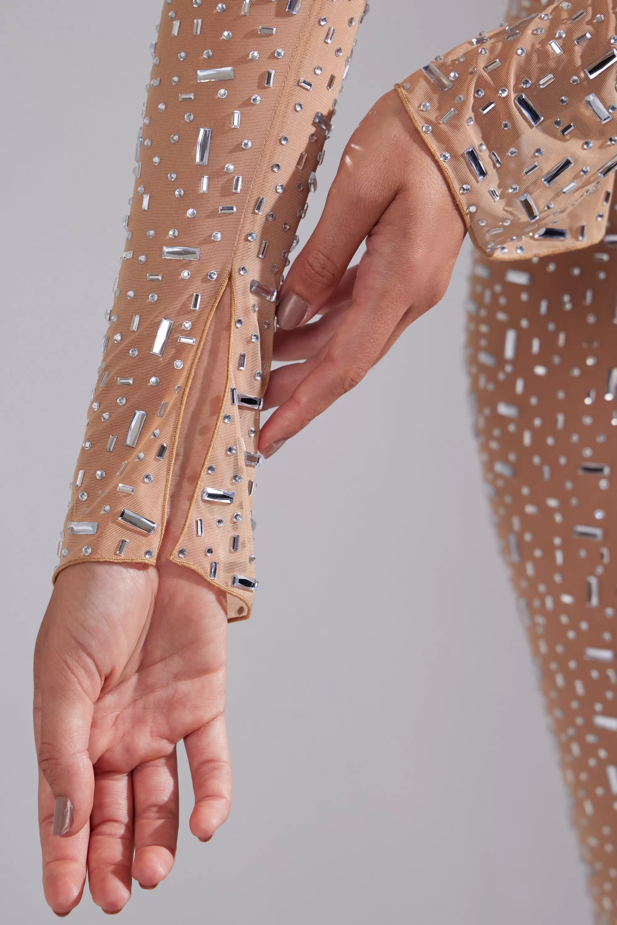 Oh Polly Sheer Embellished Long Sleeve Square Neck Crop Top in Almond Online