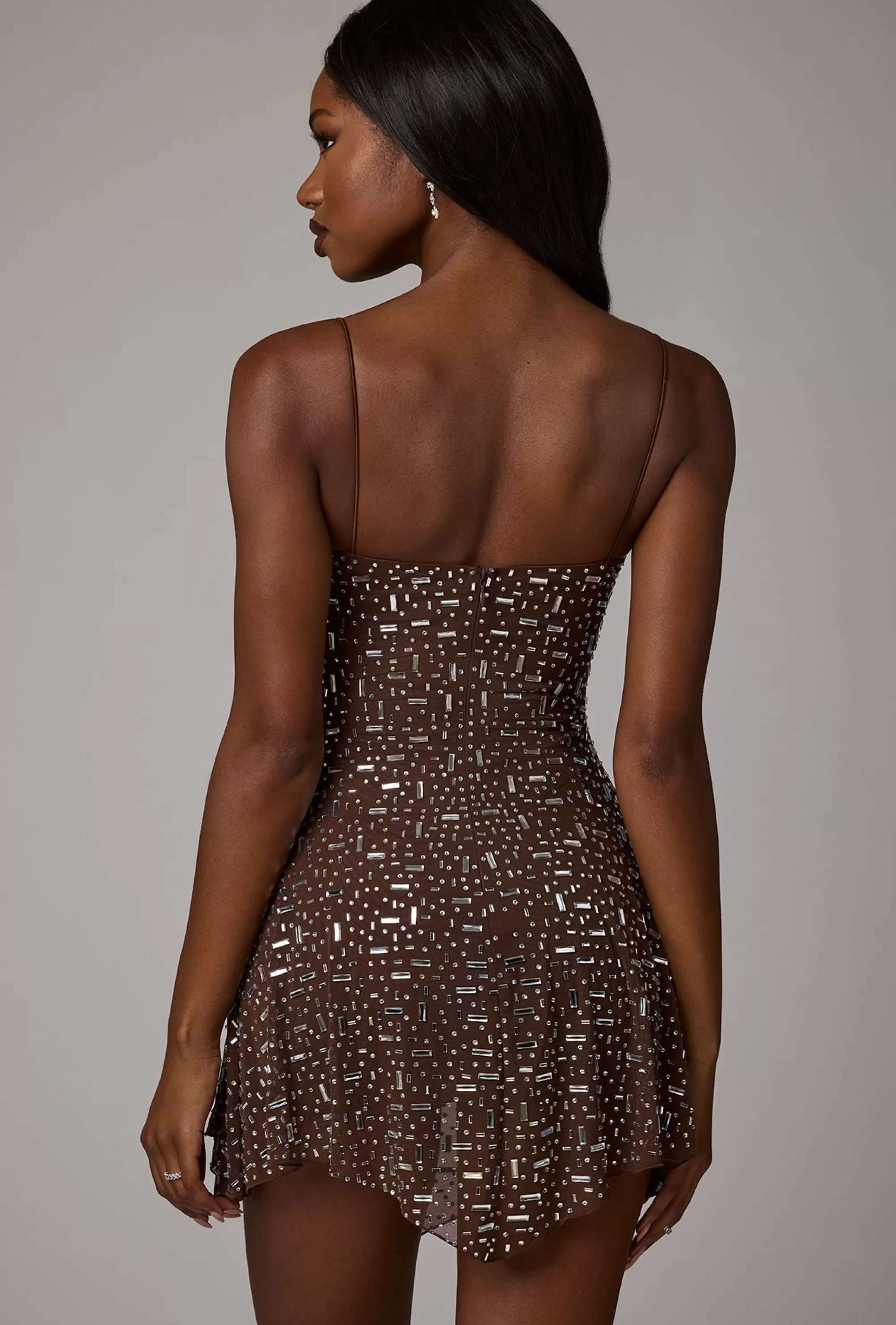 Oh Polly Sheer Embellished Scoop Neck Mini Dress in Deep Cocoa DeepCocoa Best Sale