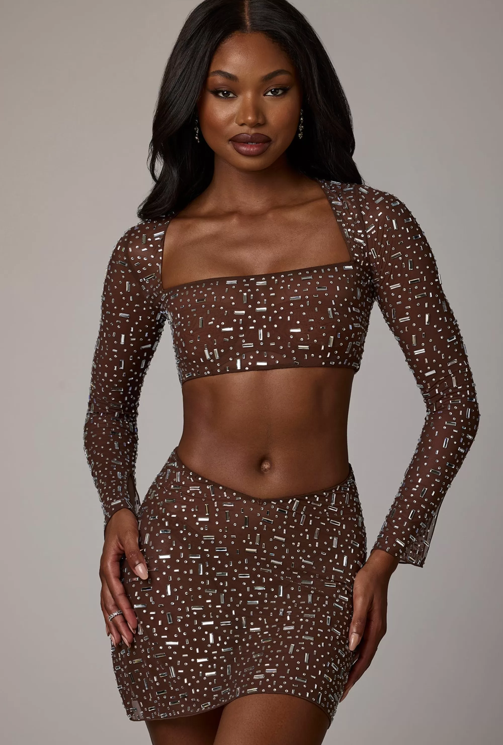 Oh Polly Sheer Embellished V Waist Mini Skirt in Deep Cocoa DeepCocoa Hot