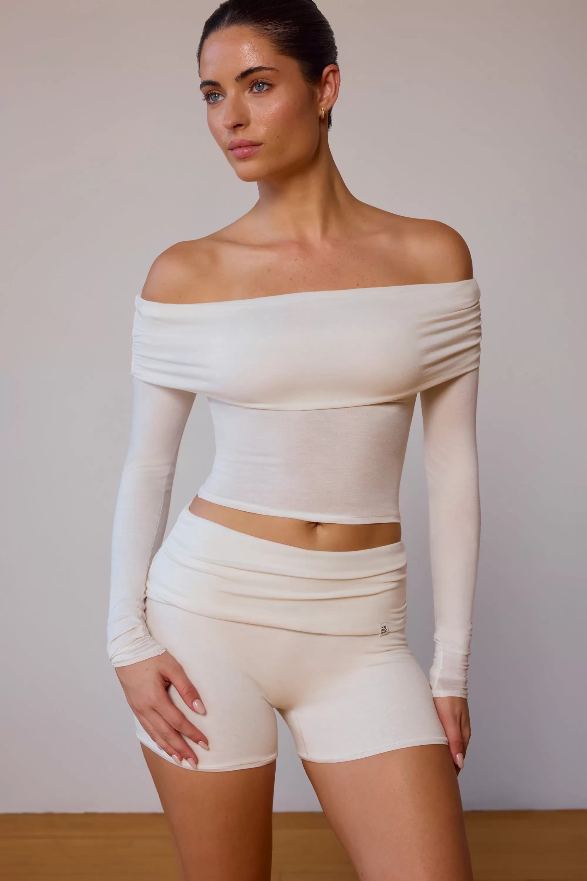 Oh Polly Sheer Off-Shoulder Long-Sleeve Top in Soft White SoftWhite Clearance