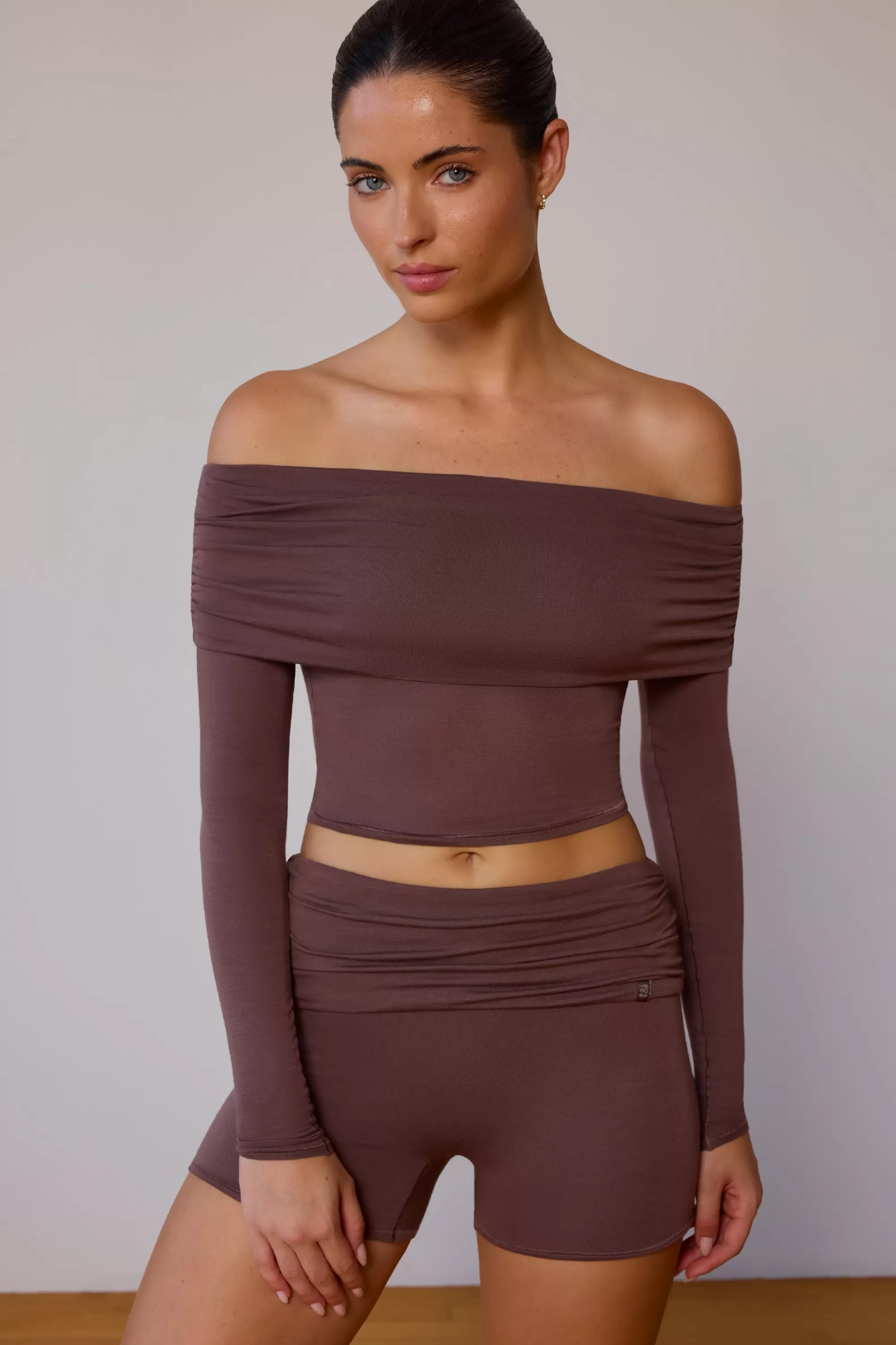 Oh Polly Sheer Off-Shoulder Long-Sleeve Top in Taupe Brown TaupeBrown Discount