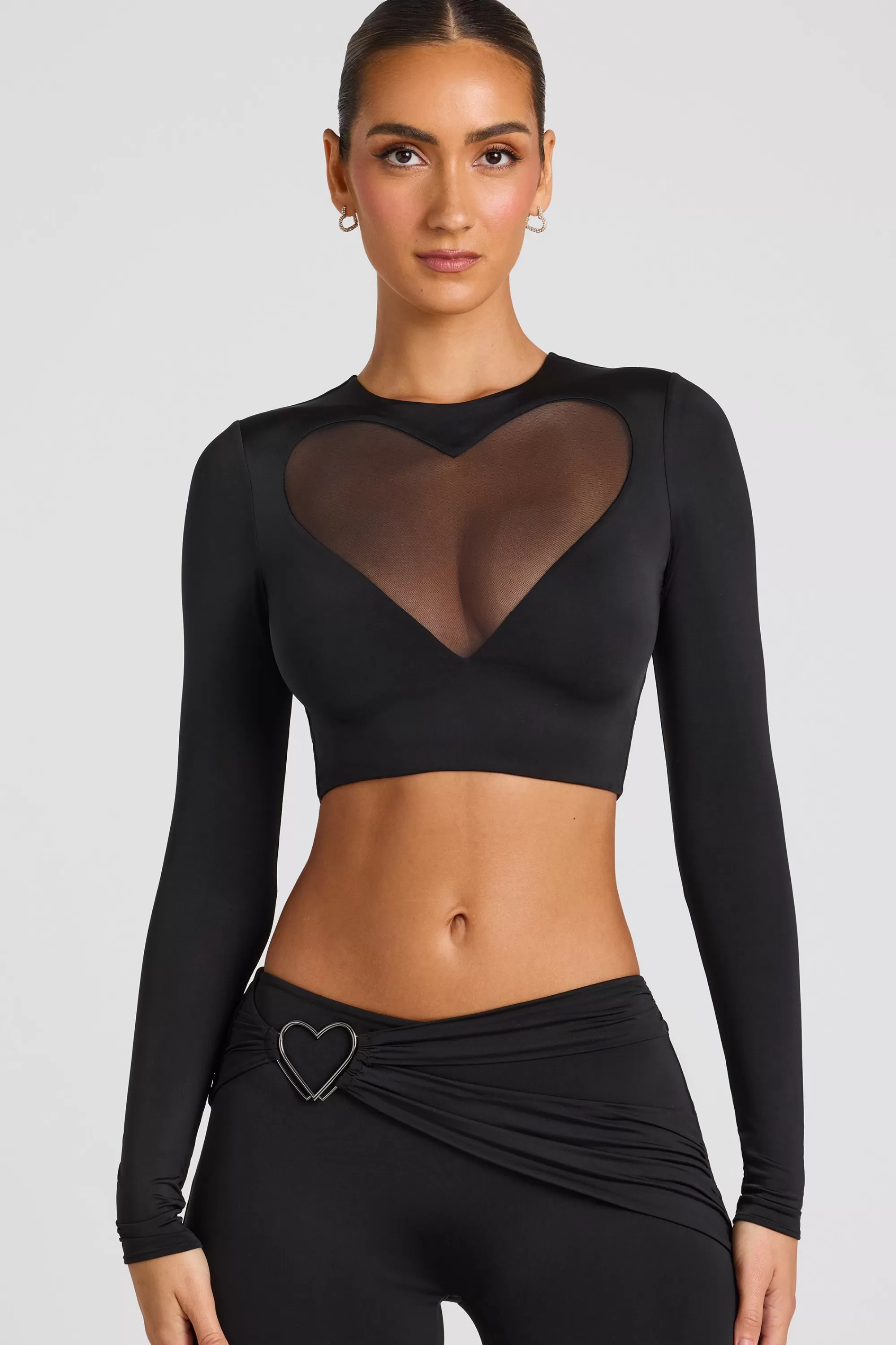 Oh Polly Sheer Panelled Long Sleeve Crop Top in Black Fashion