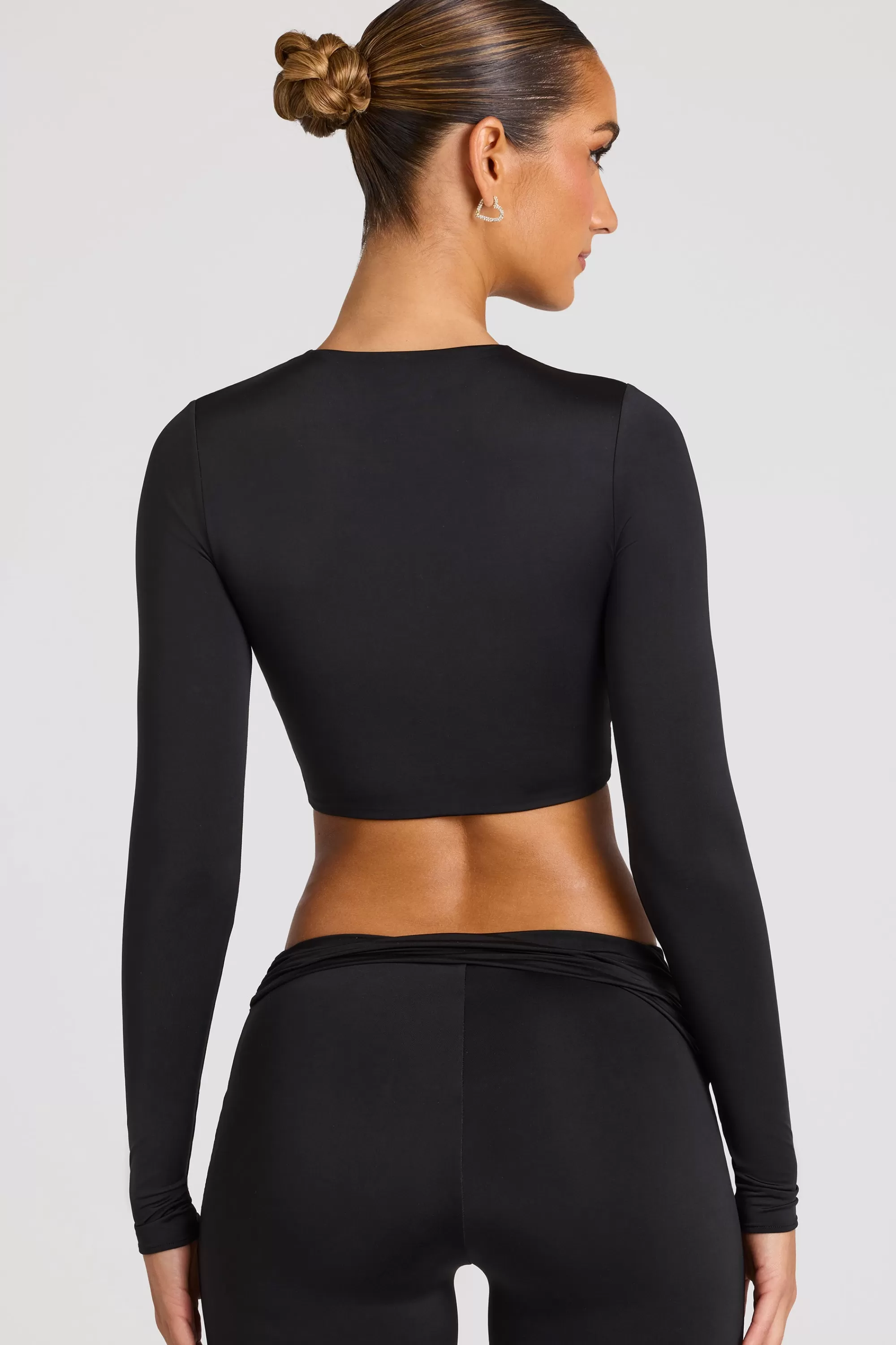 Oh Polly Sheer Panelled Long Sleeve Crop Top in Black Fashion