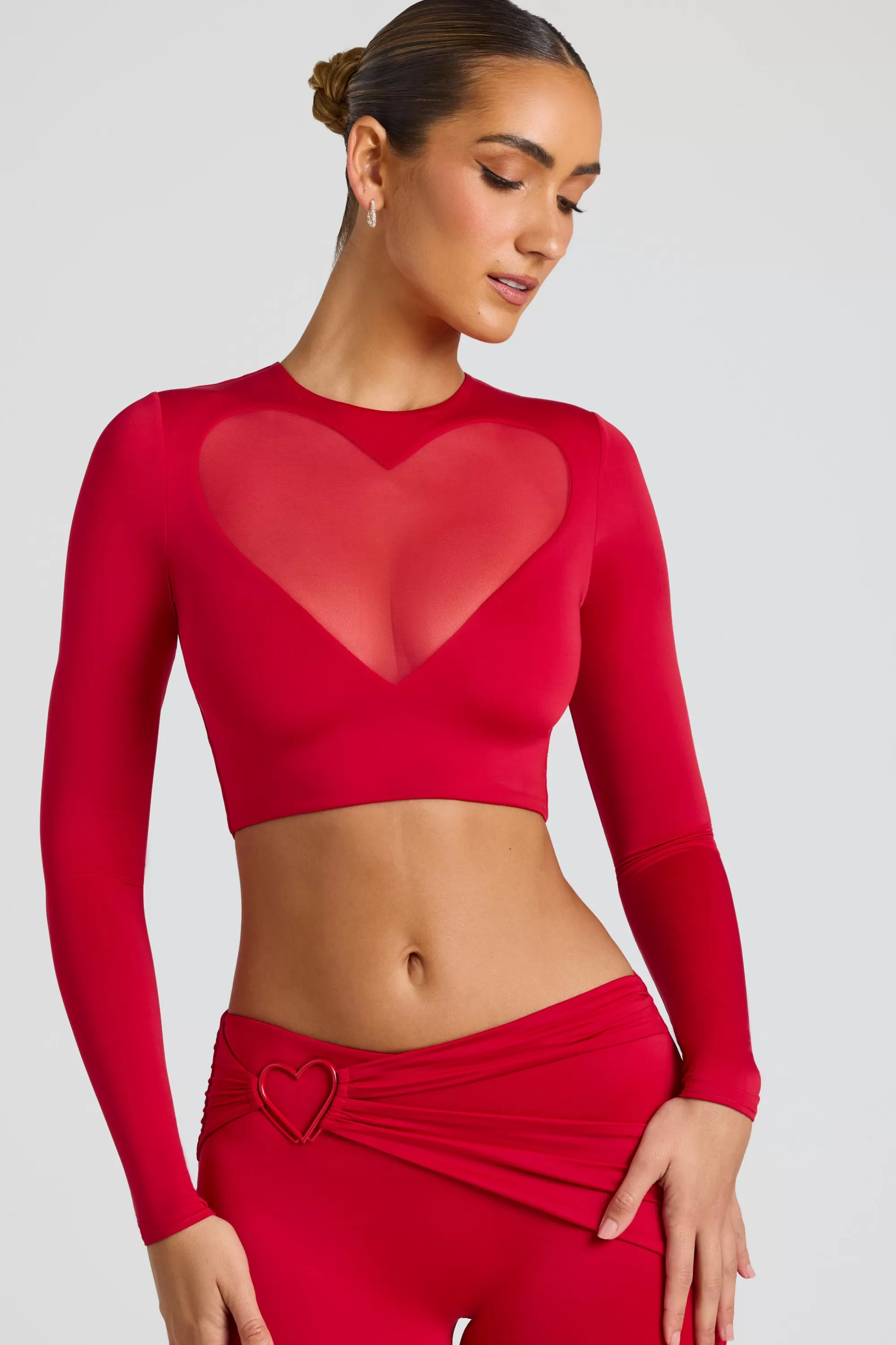 Oh Polly Sheer Panelled Long Sleeve Crop Top in Fire Red FireRed Cheap