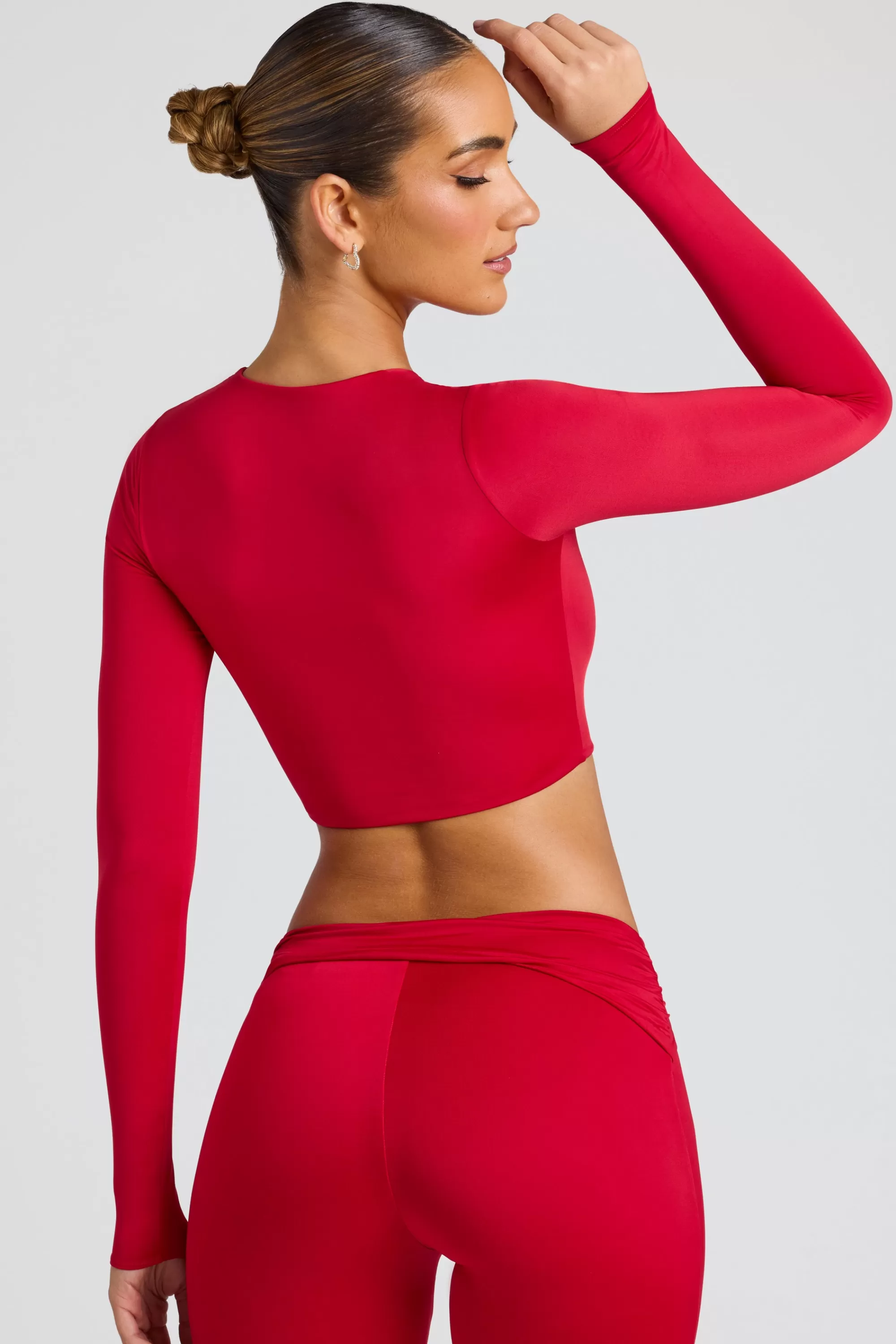 Oh Polly Sheer Panelled Long Sleeve Crop Top in Fire Red FireRed Cheap