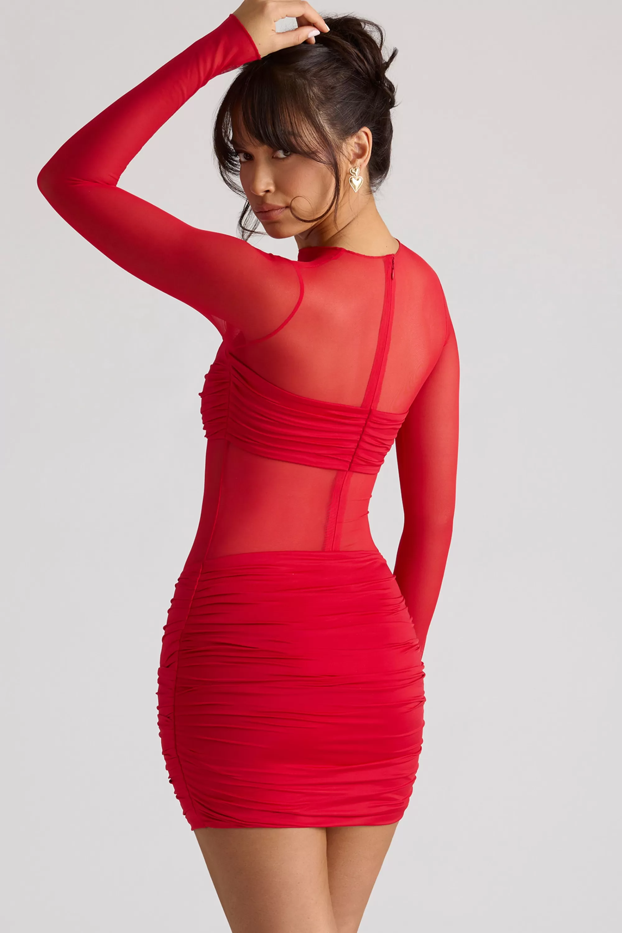 Oh Polly Sheer Panelled Long Sleeve Mini Dress in Fire Red FireRed Sale