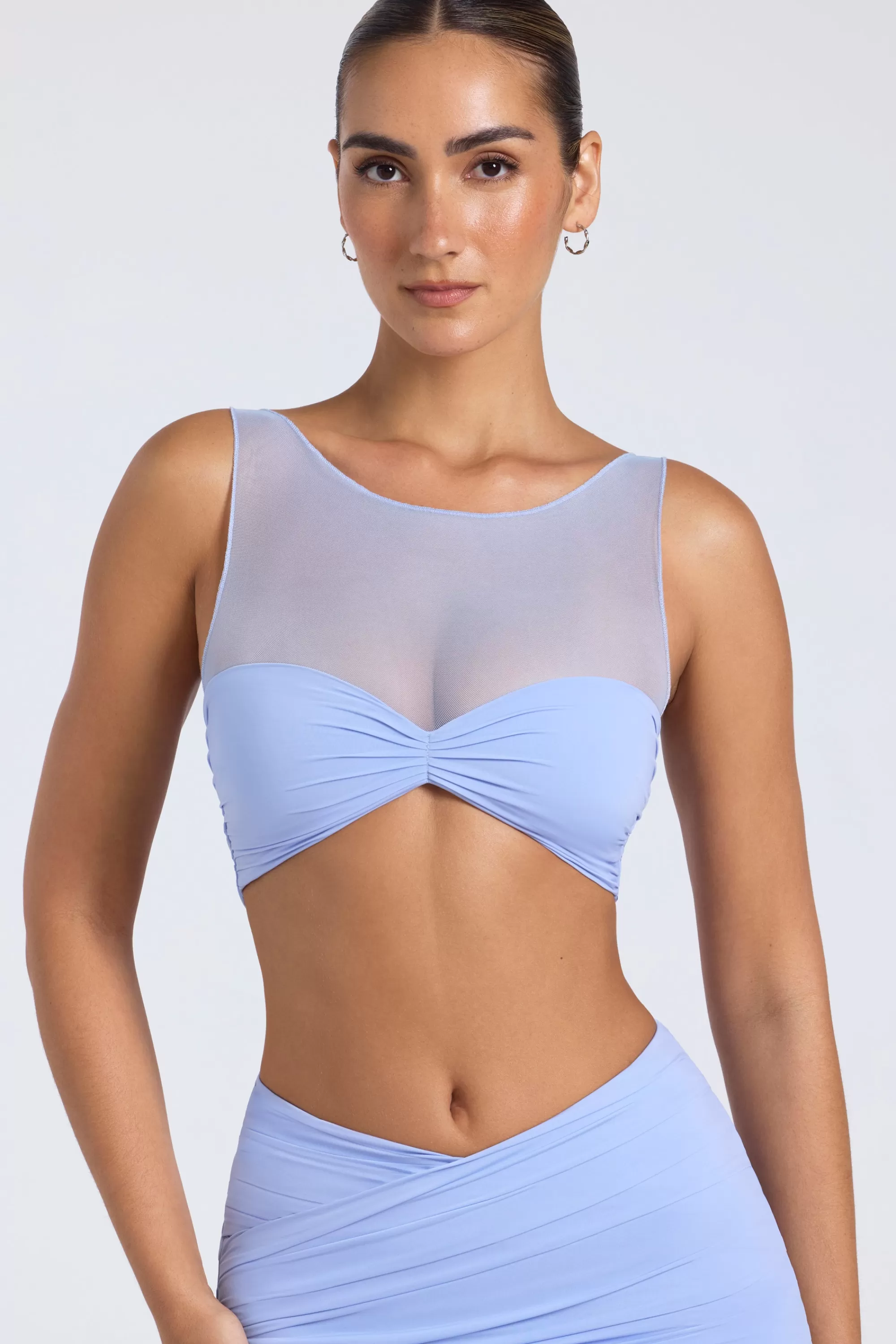 Oh Polly Sheer Panelled Ruched Crop Top in Periwinkle Blue PeriwinkleBlue Best Sale