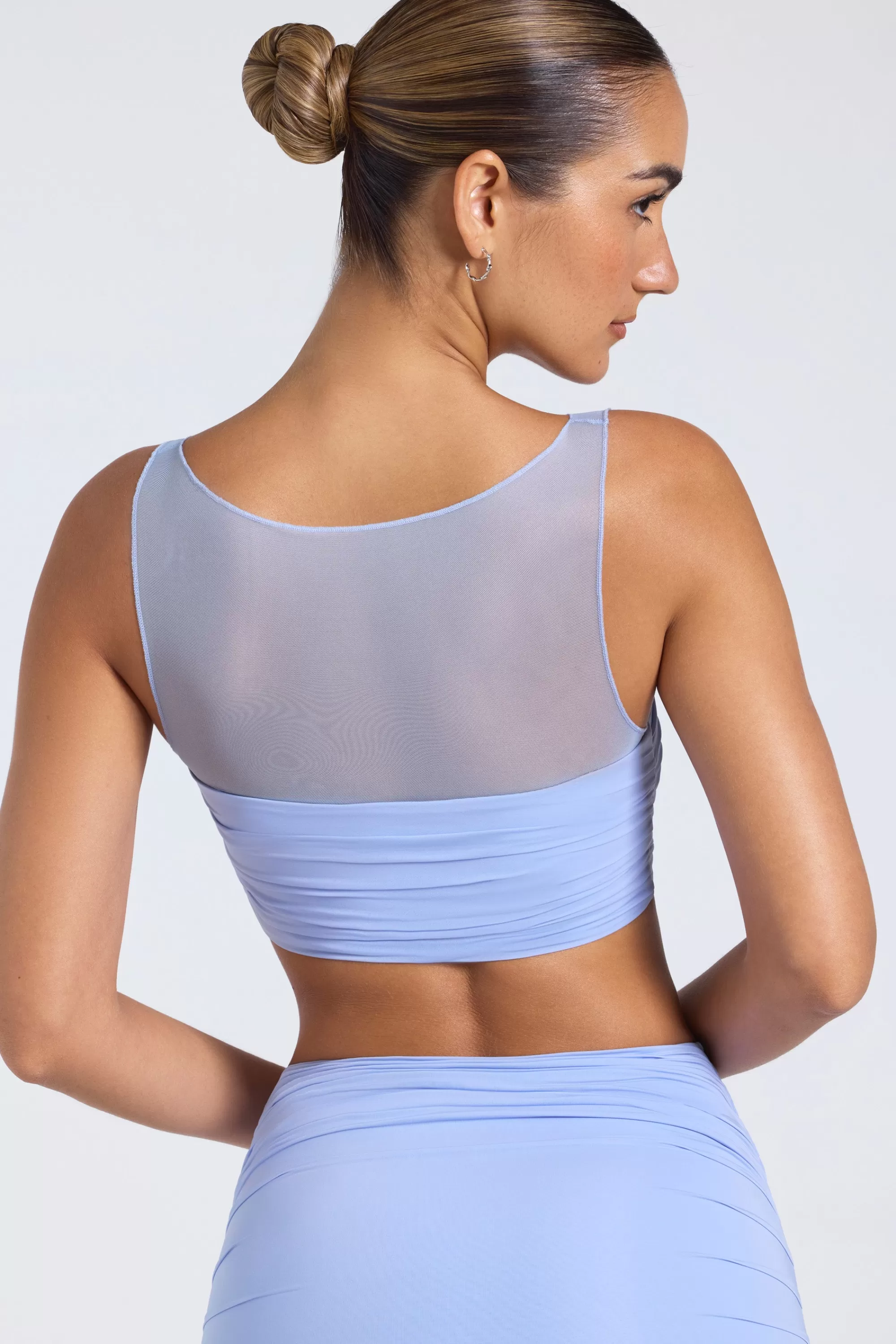 Oh Polly Sheer Panelled Ruched Crop Top in Periwinkle Blue PeriwinkleBlue Best Sale