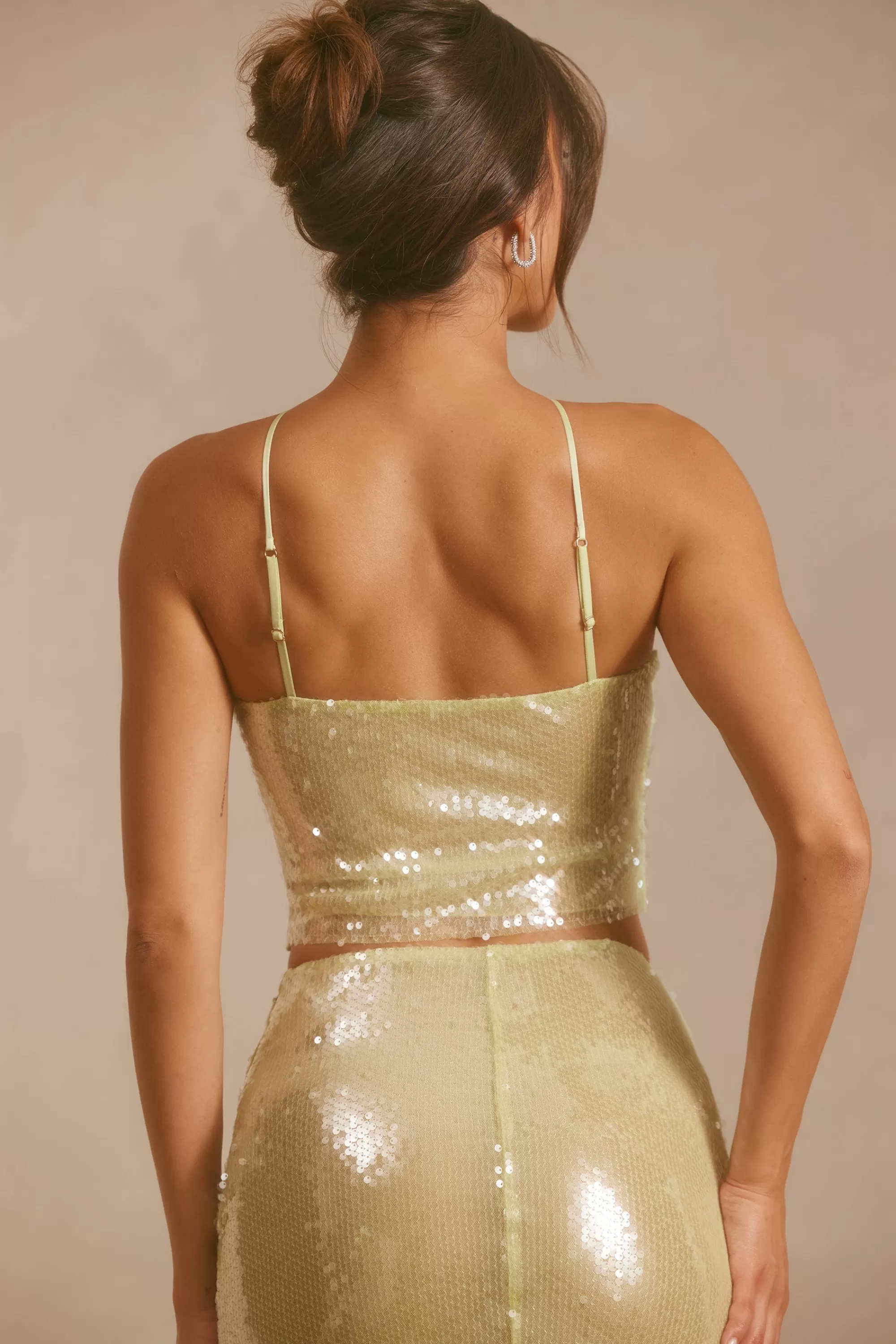 Oh Polly Sheer Sequin Keyhole Cut Out Halter Neck Crop Top in Pistachio Hot