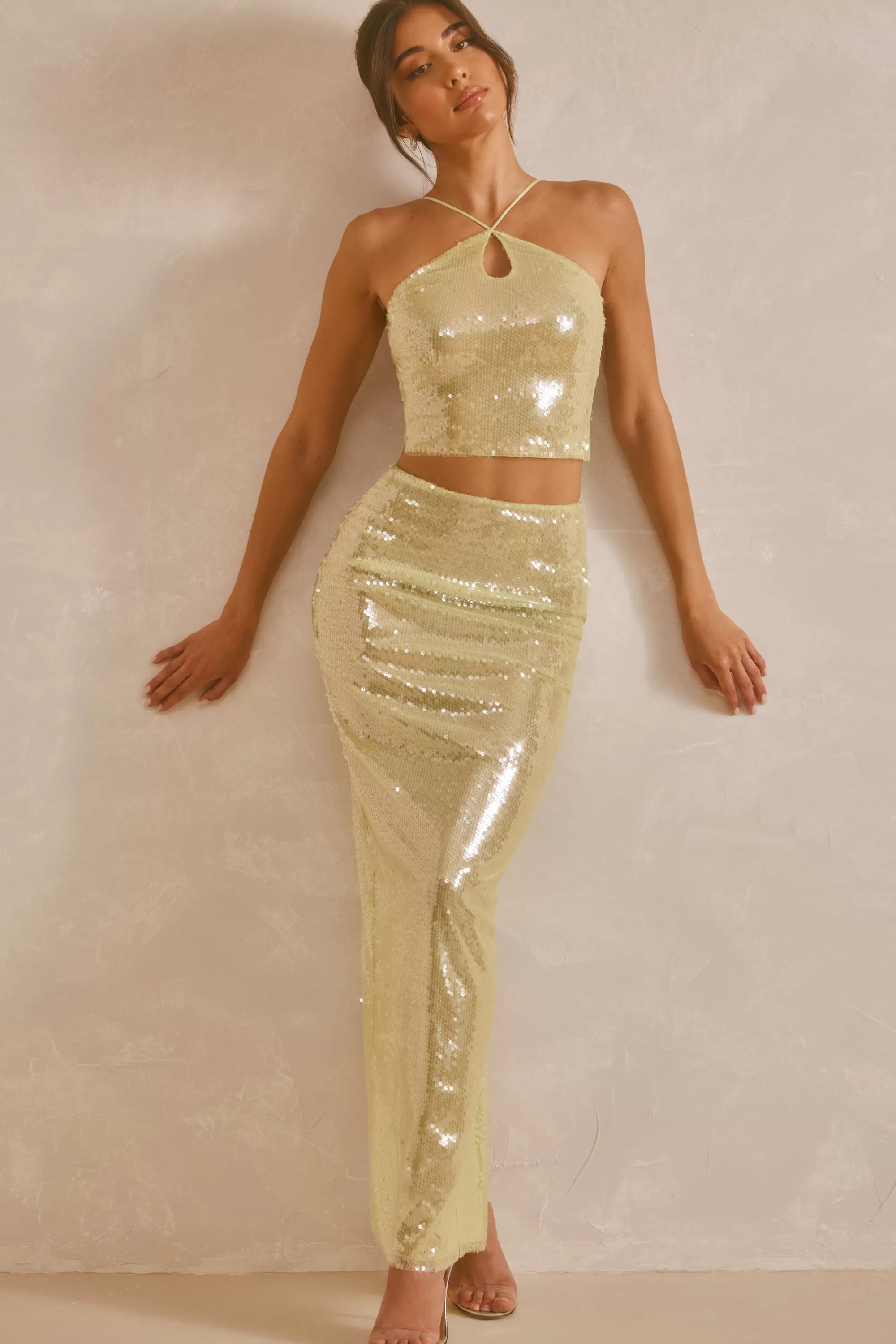 Oh Polly Sheer Sequin Keyhole Cut Out Halter Neck Crop Top in Pistachio Hot