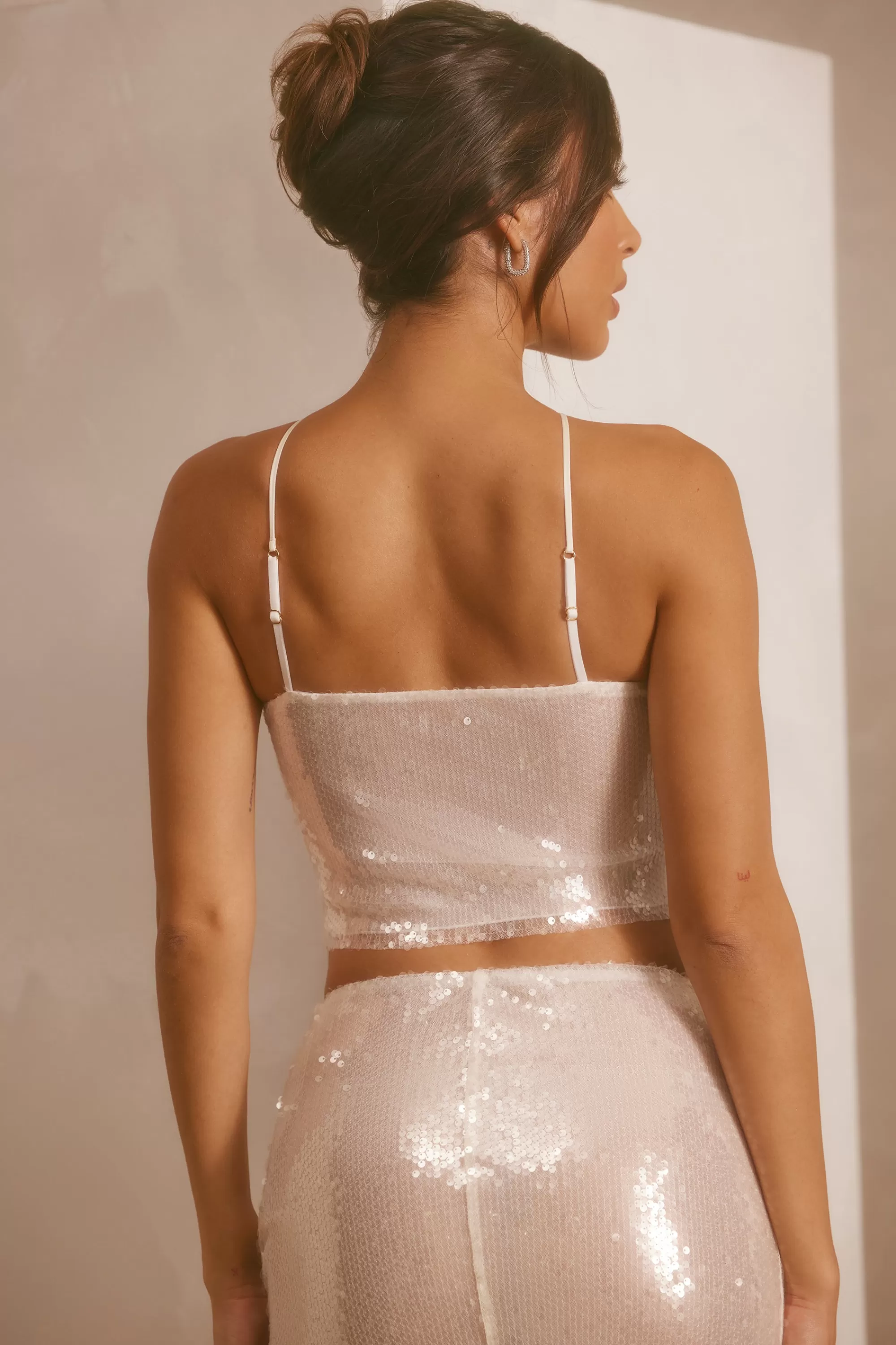 Oh Polly Sheer Sequin Keyhole Cut Out Halter Neck Crop Top in White Outlet