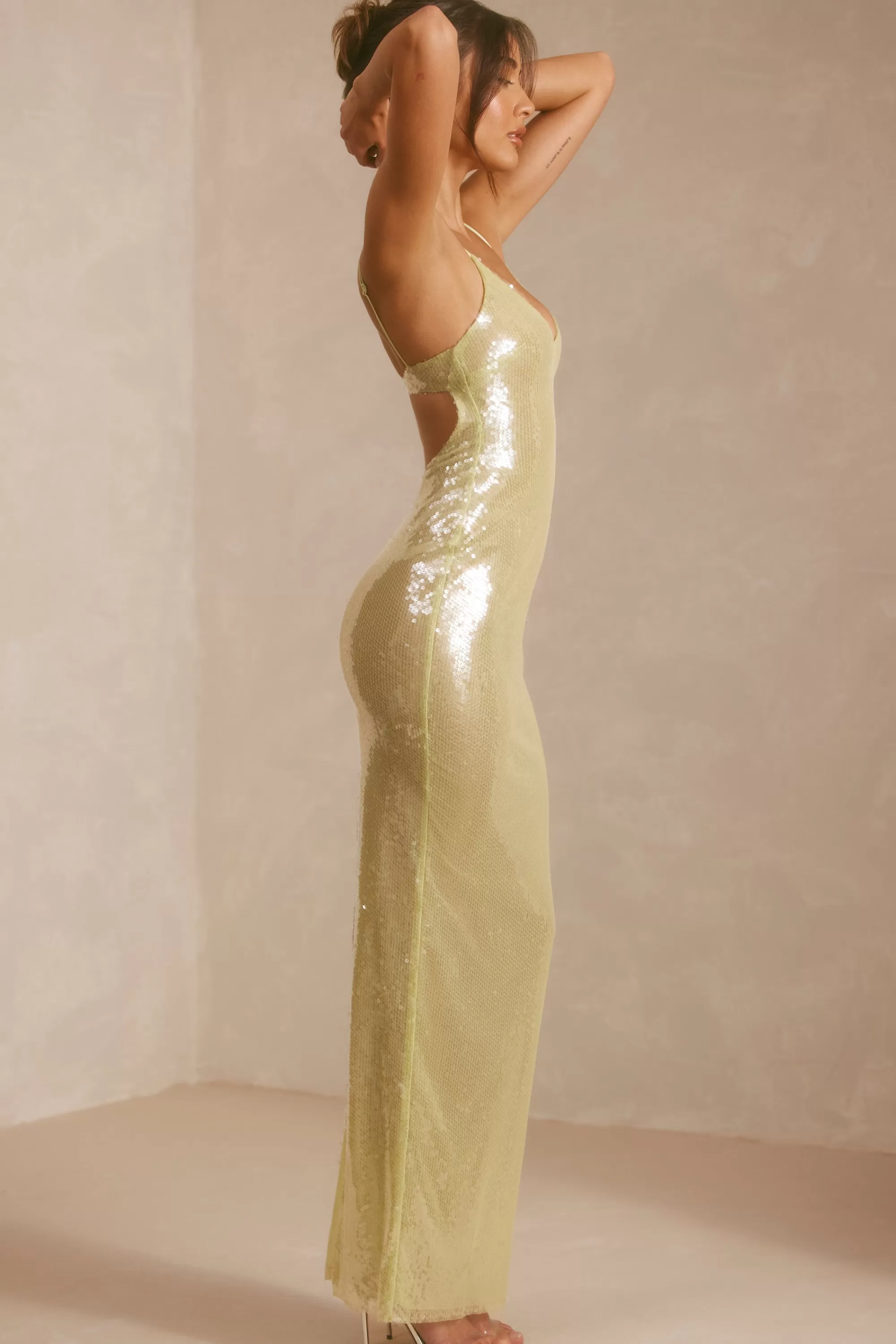 Oh Polly Sheer Sequin V-Neck Cut Out Back Evening Gown in Pistachio Outlet