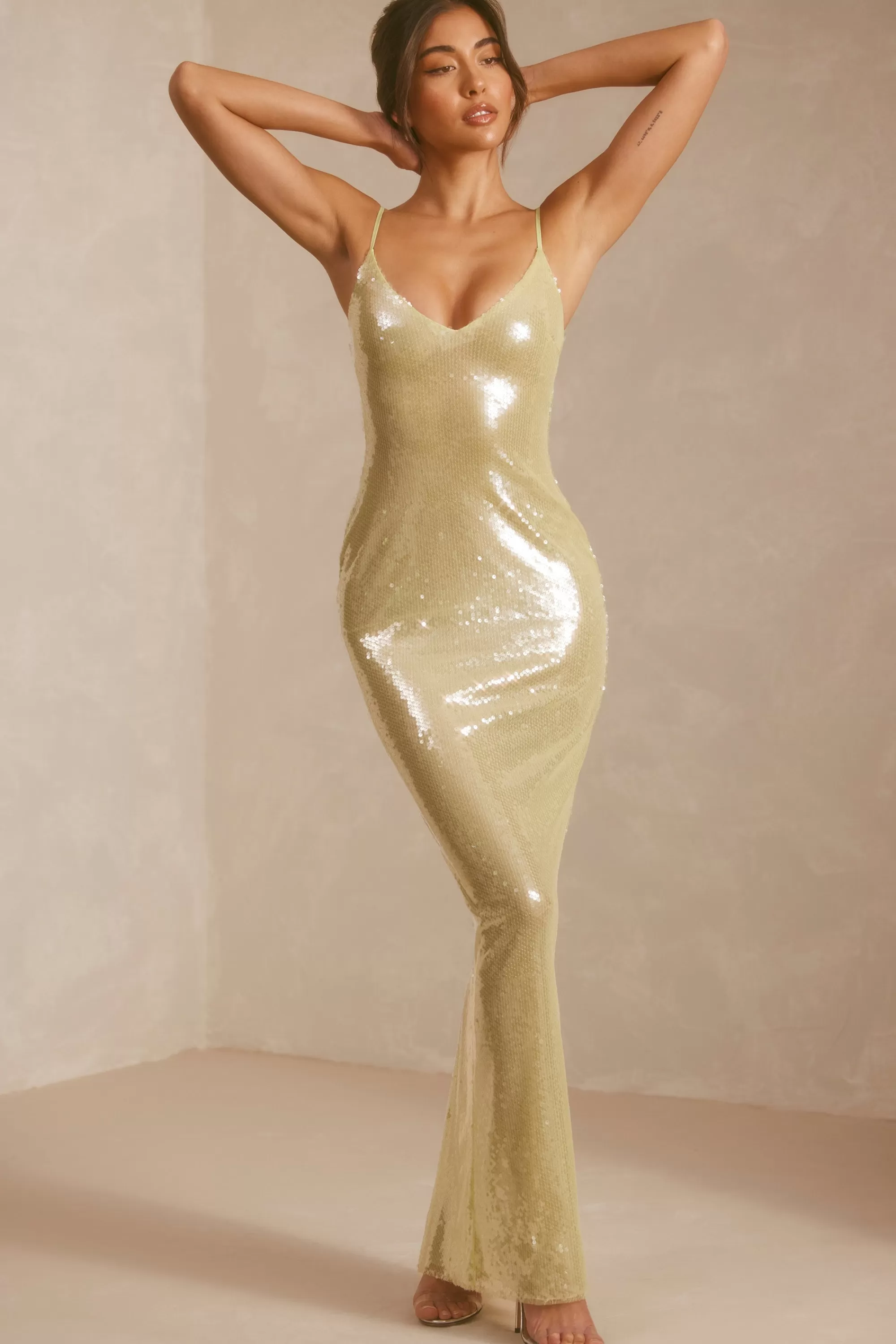 Oh Polly Sheer Sequin V-Neck Cut Out Back Evening Gown in Pistachio Outlet