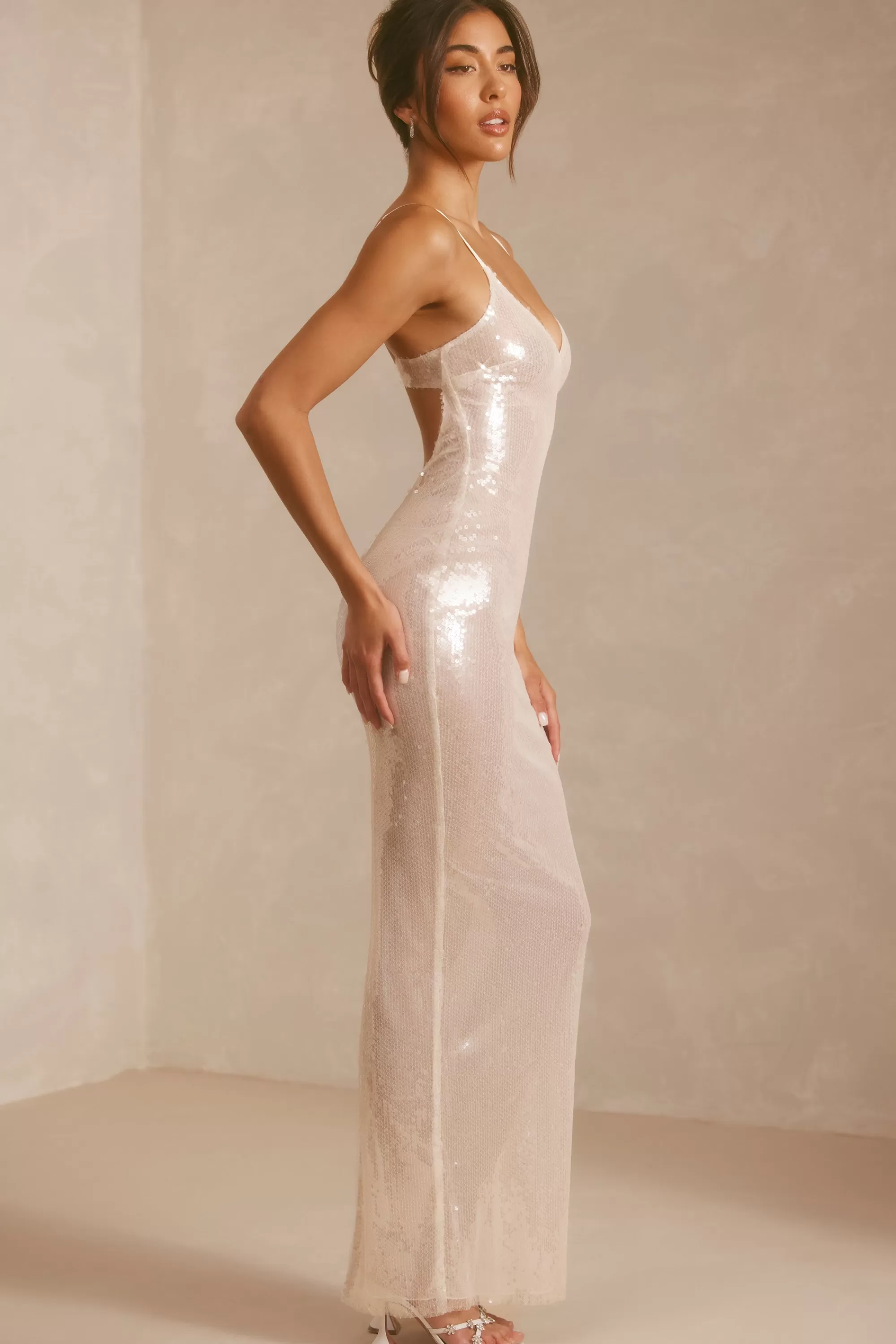 Oh Polly Sheer Sequin V-Neck Cut Out Back Evening Gown in White Best Sale
