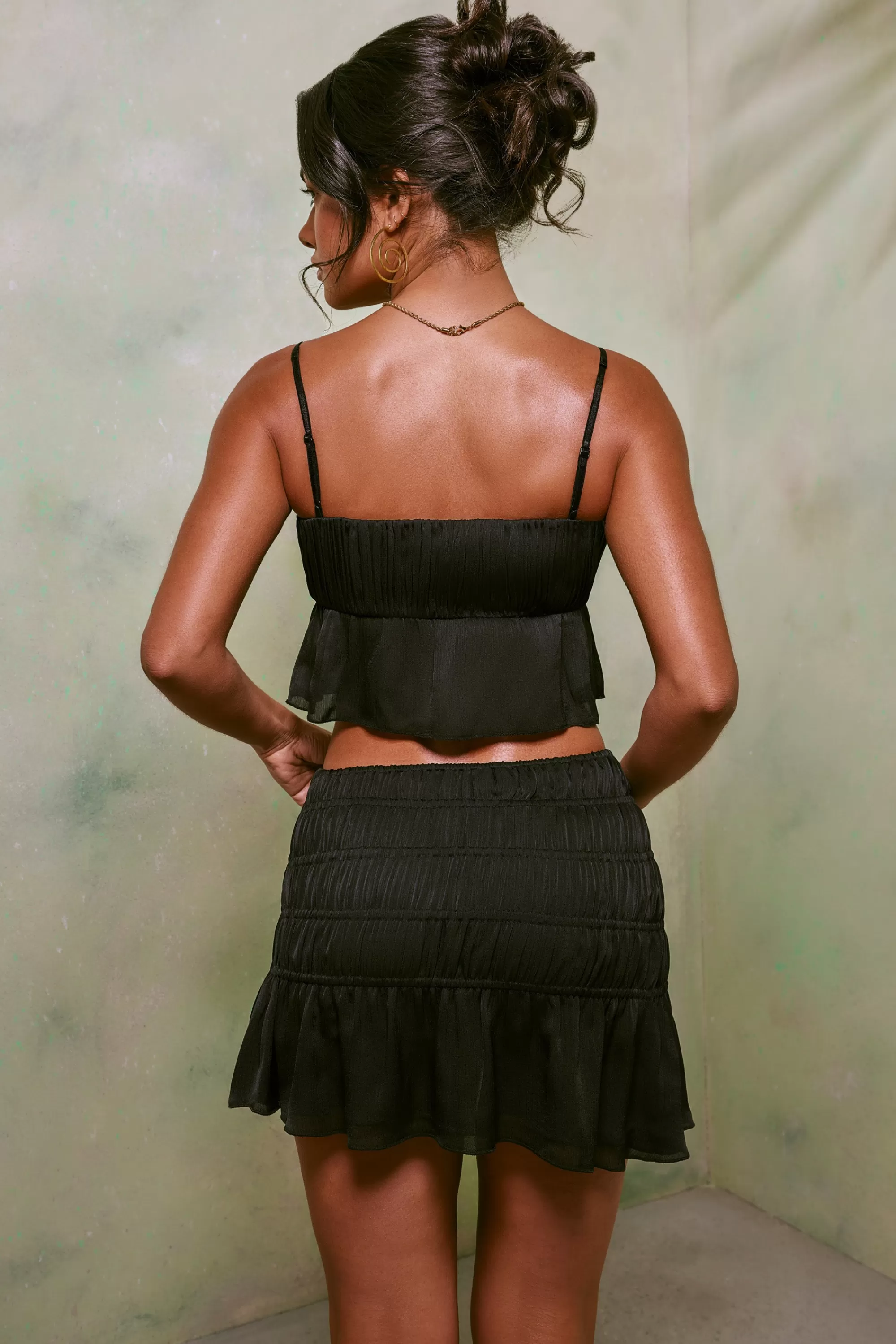 Oh Polly Shirred Thigh High Split Mid Rise Mini Skirt in Black Clearance