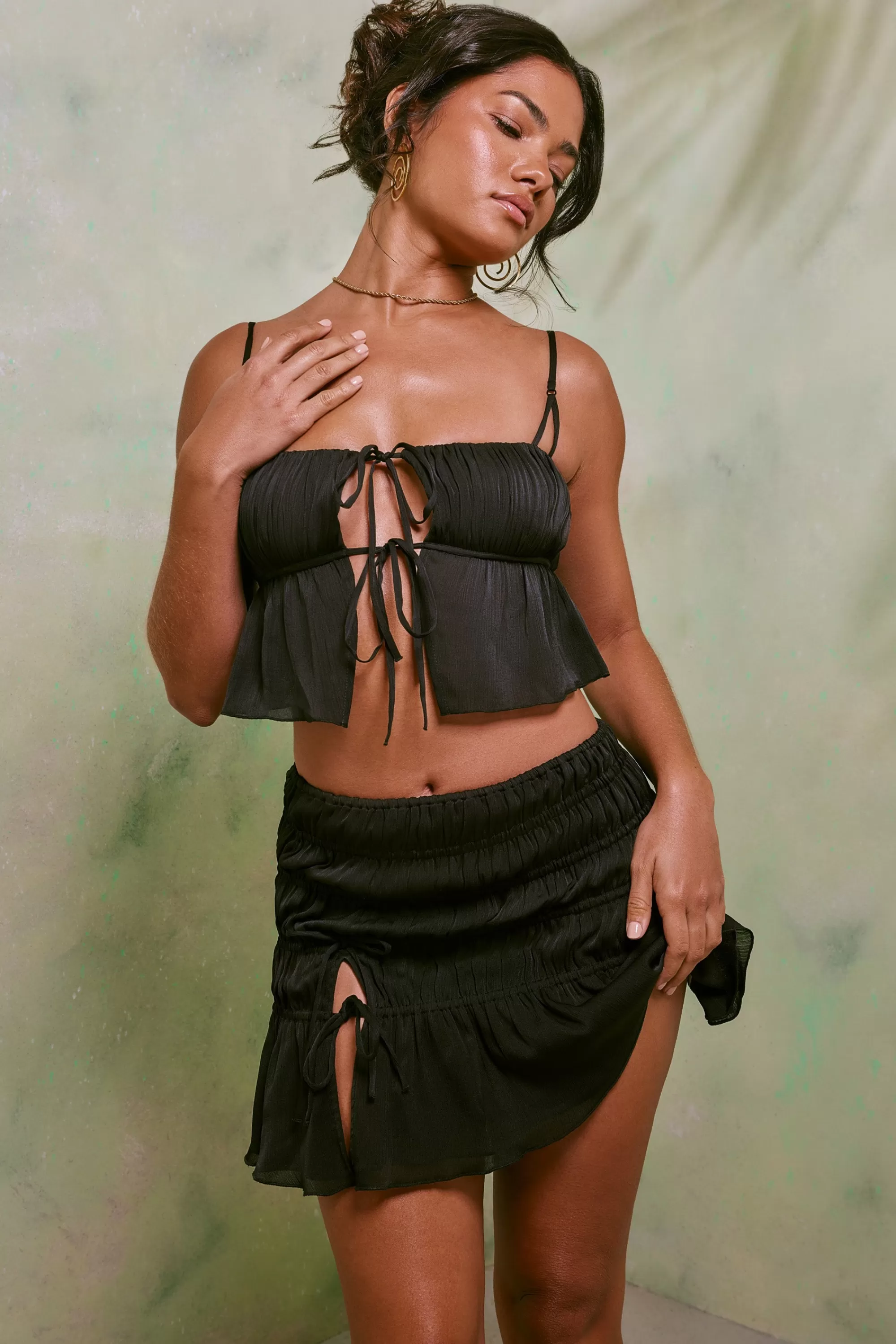 Oh Polly Shirred Thigh High Split Mid Rise Mini Skirt in Black Clearance