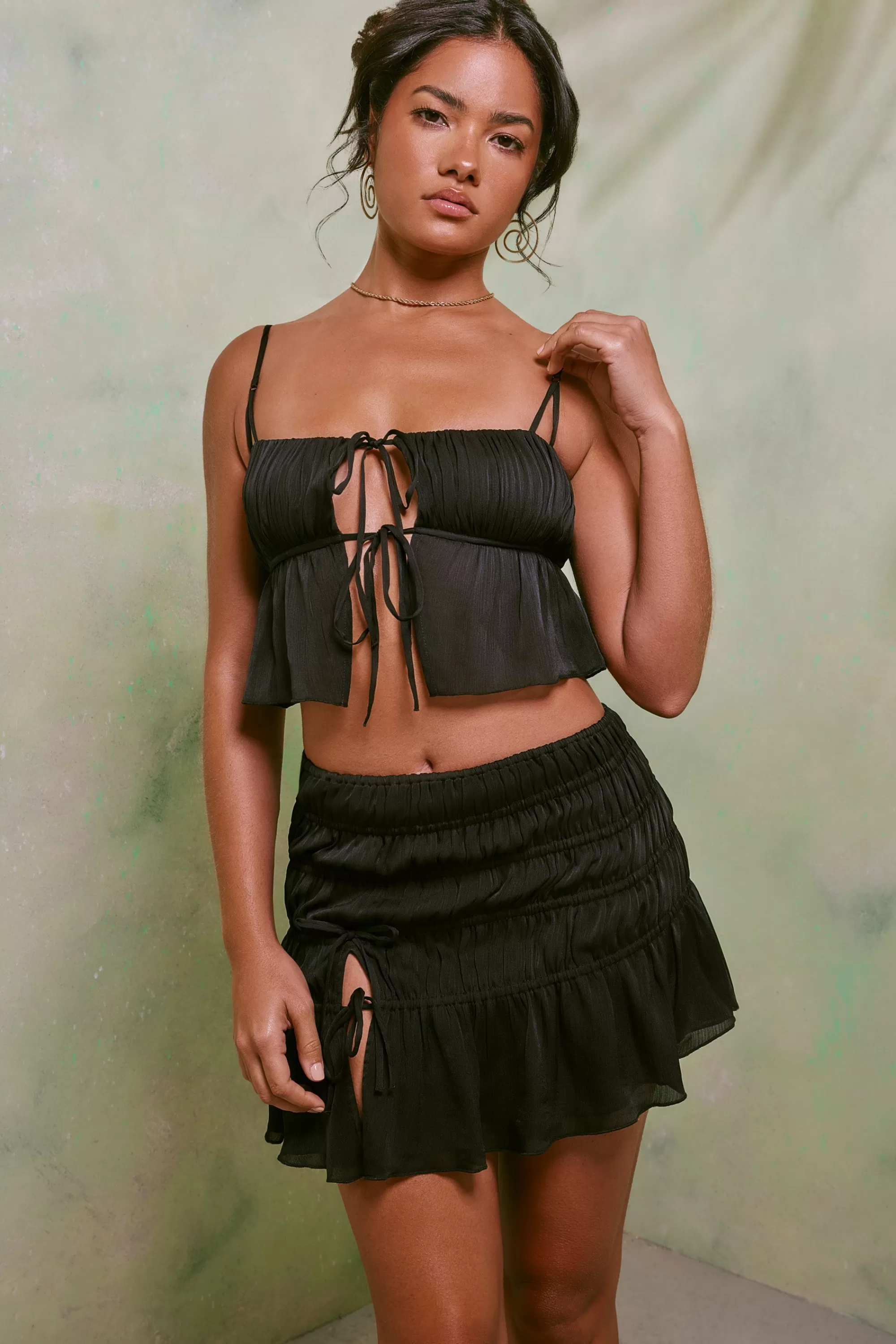 Oh Polly Shirred Thigh High Split Mid Rise Mini Skirt in Black Clearance