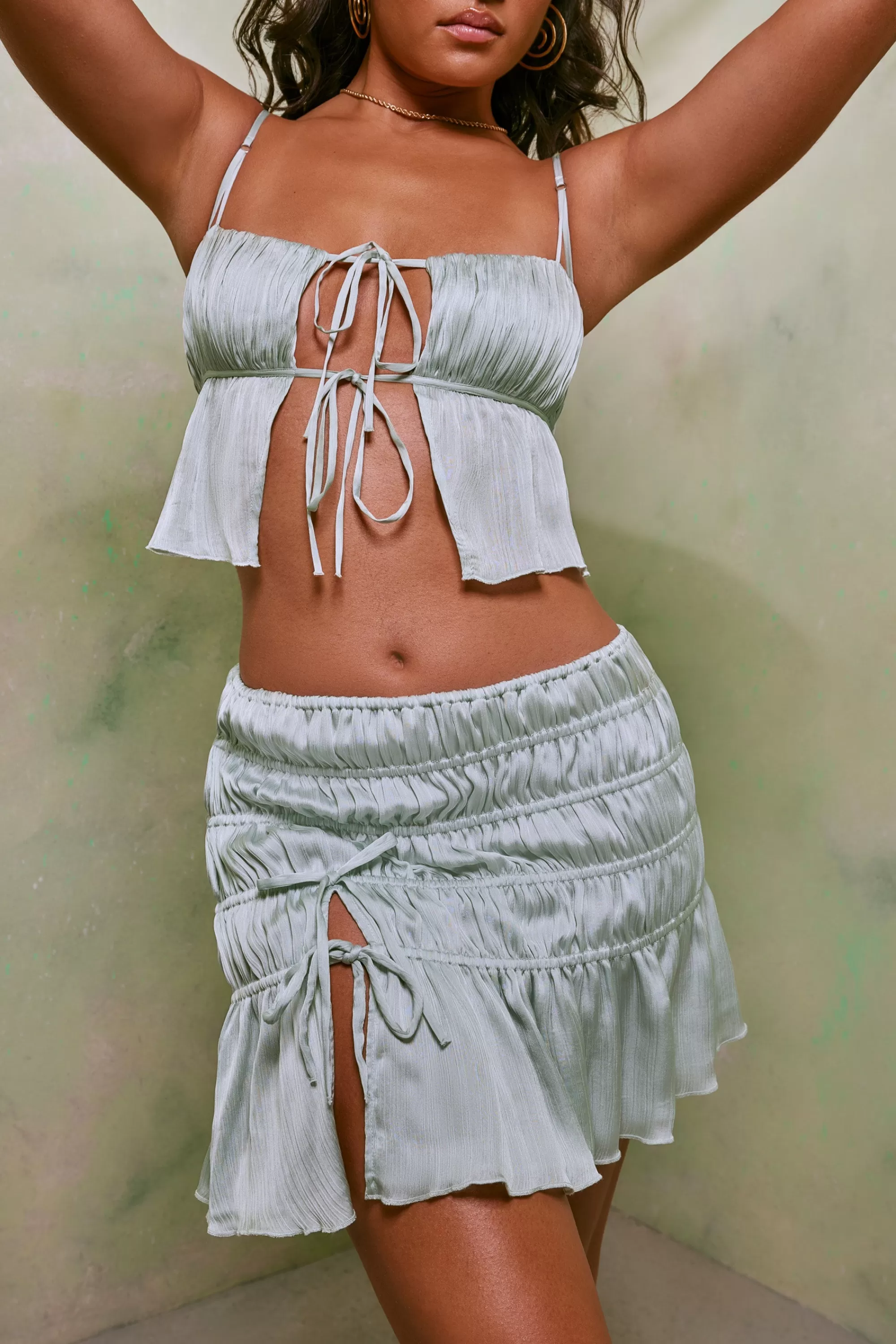 Oh Polly Shirred Thigh High Split Mid Rise Mini Skirt in Pastel Green PastelGreen Cheap