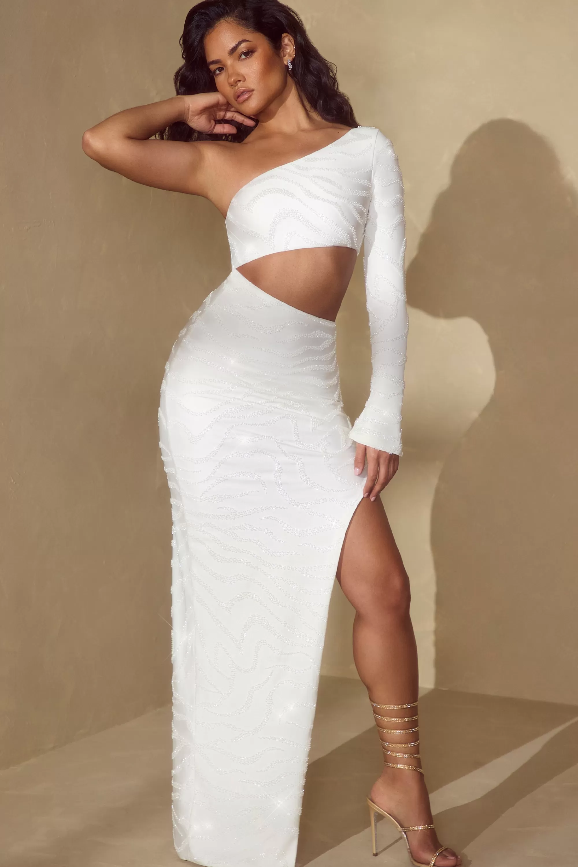 Oh Polly Single Sleeve Cut Out Maxi Dress in Off White OffWhite Hot