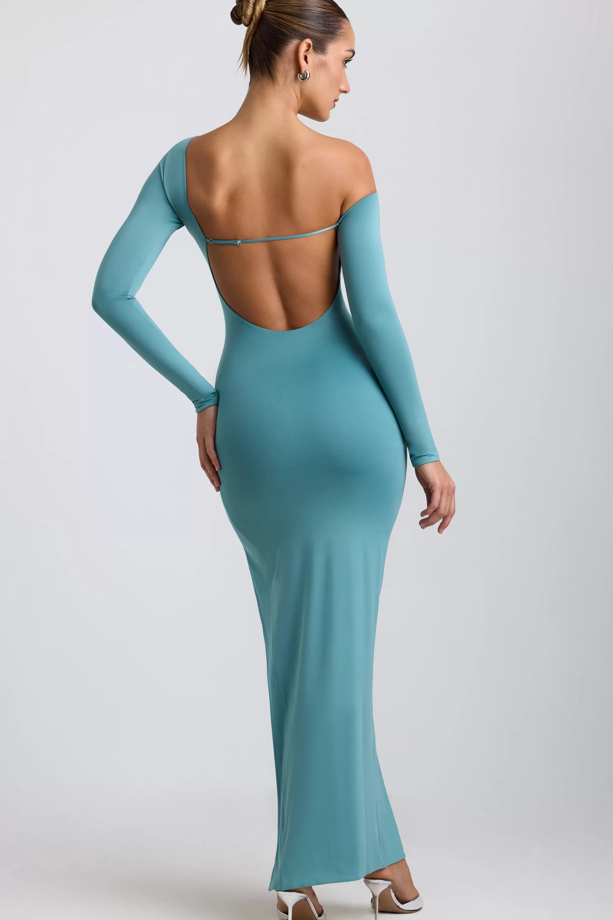 Oh Polly Slinky Jersey Asymmetric Ruched Hardware Detail Maxi Dress in Sea Green SeaGreen New