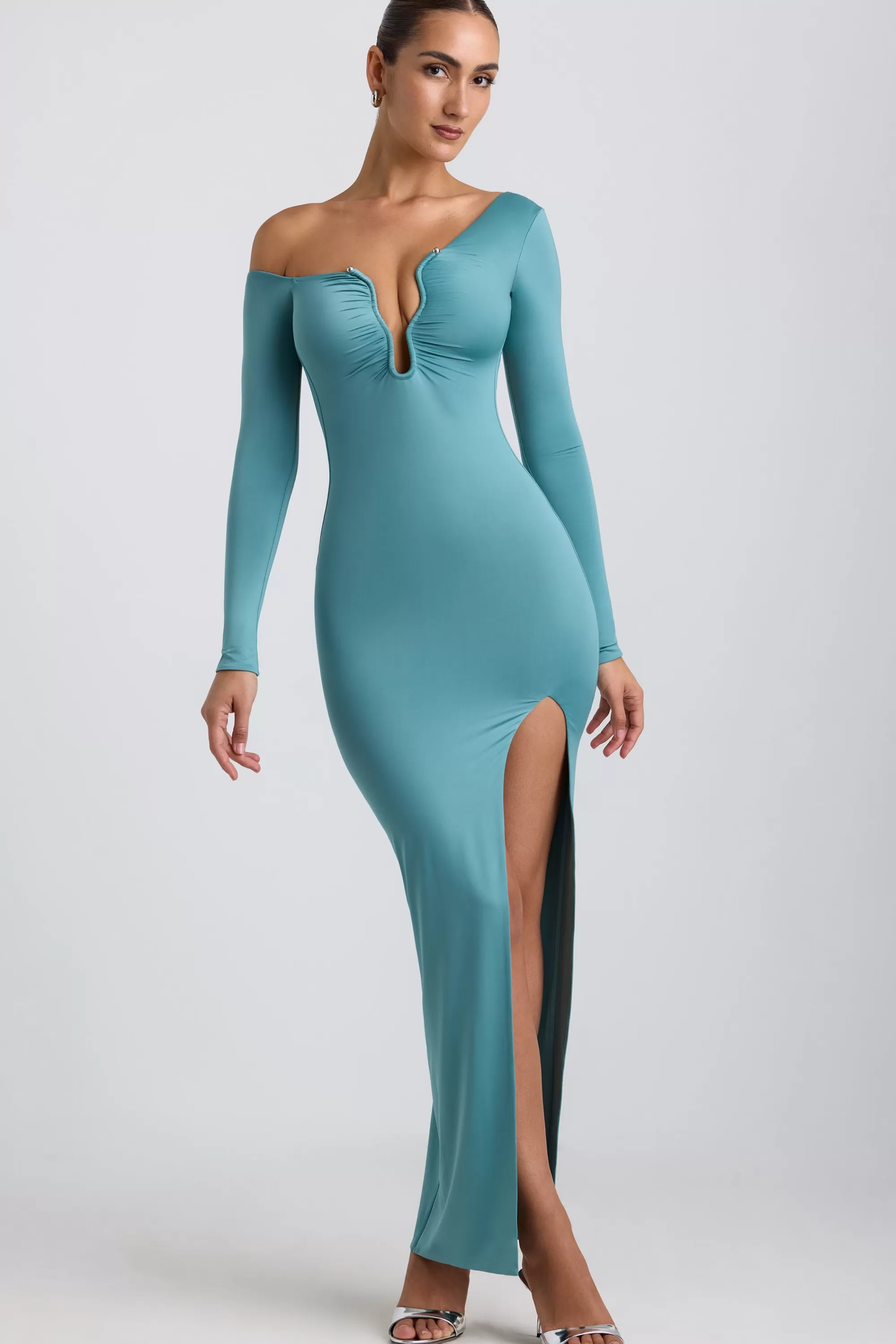 Oh Polly Slinky Jersey Asymmetric Ruched Hardware Detail Maxi Dress in Sea Green SeaGreen New
