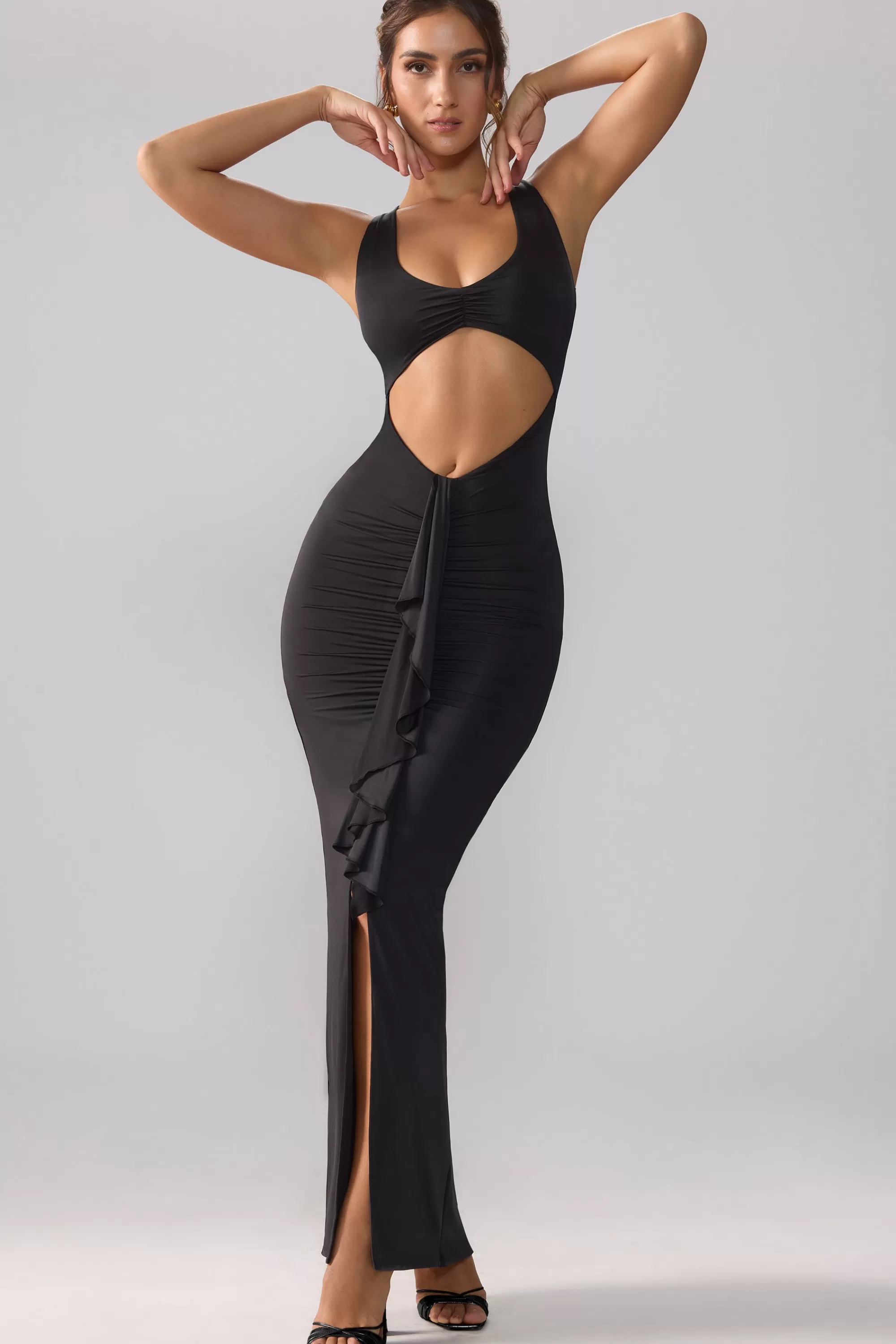 Oh Polly Slinky Jersey Cut Out Ruffle Racerback Maxi Dress in Black Fashion