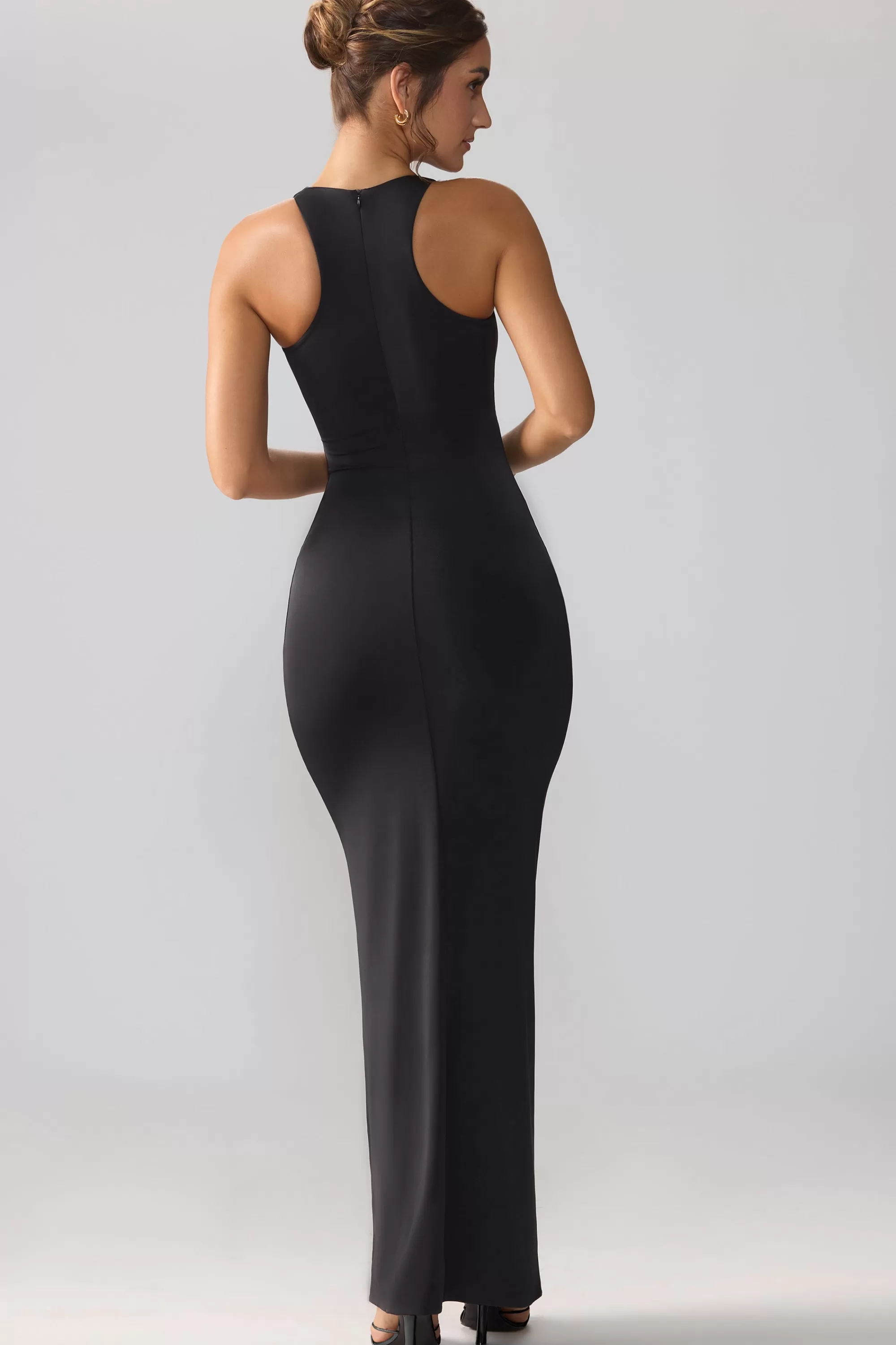 Oh Polly Slinky Jersey Cut Out Ruffle Racerback Maxi Dress in Black Fashion